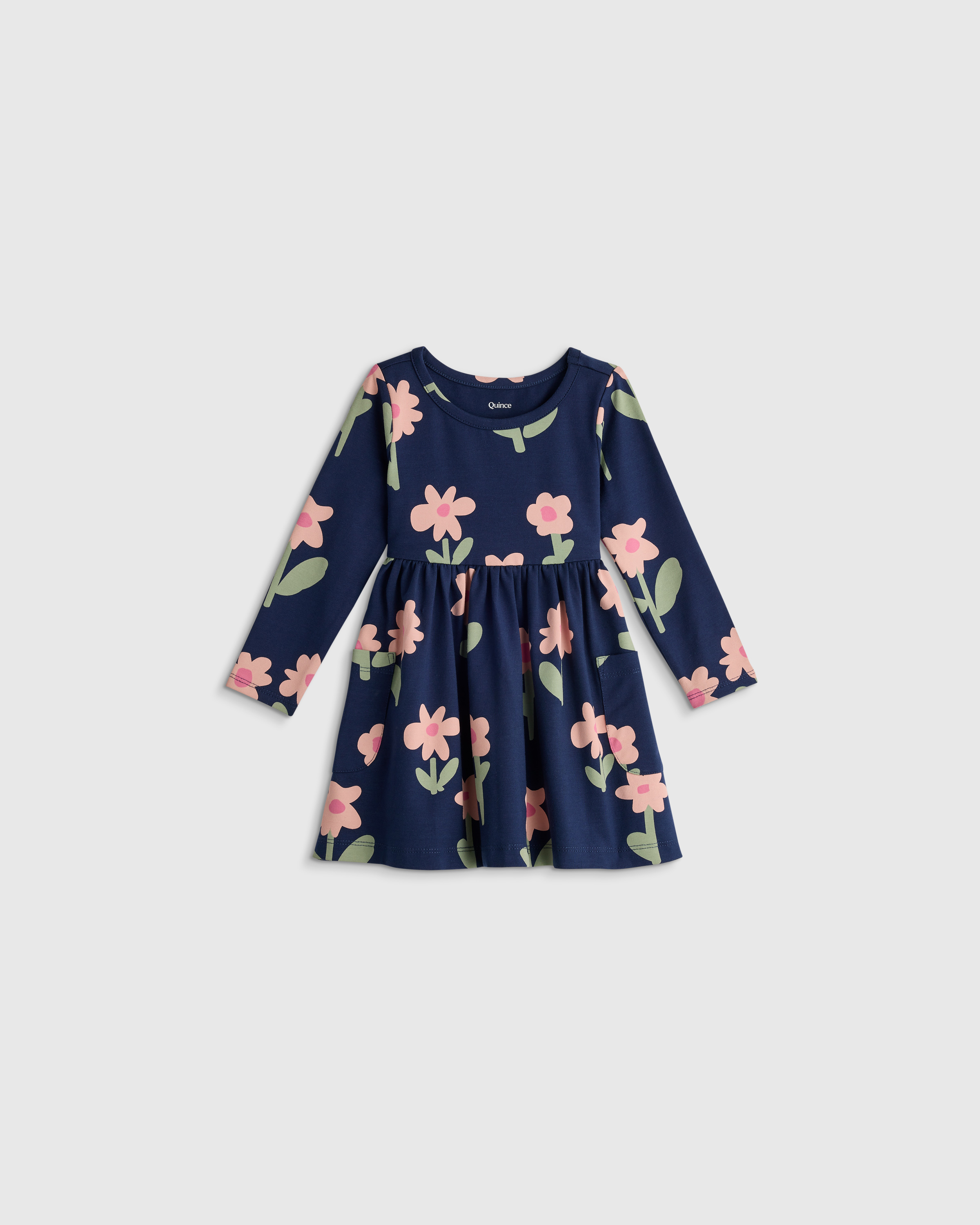 Navy Daisies Robe ajustée et évasée à manches longues en coton biologique avec poches