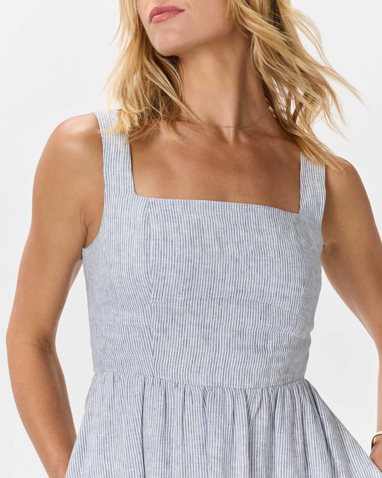 100% European Linen Fit & Flare Midi Dress in Blue Pinstripe 100% European Linen Fit & Flare Midi Dress in Blue Pinstripe