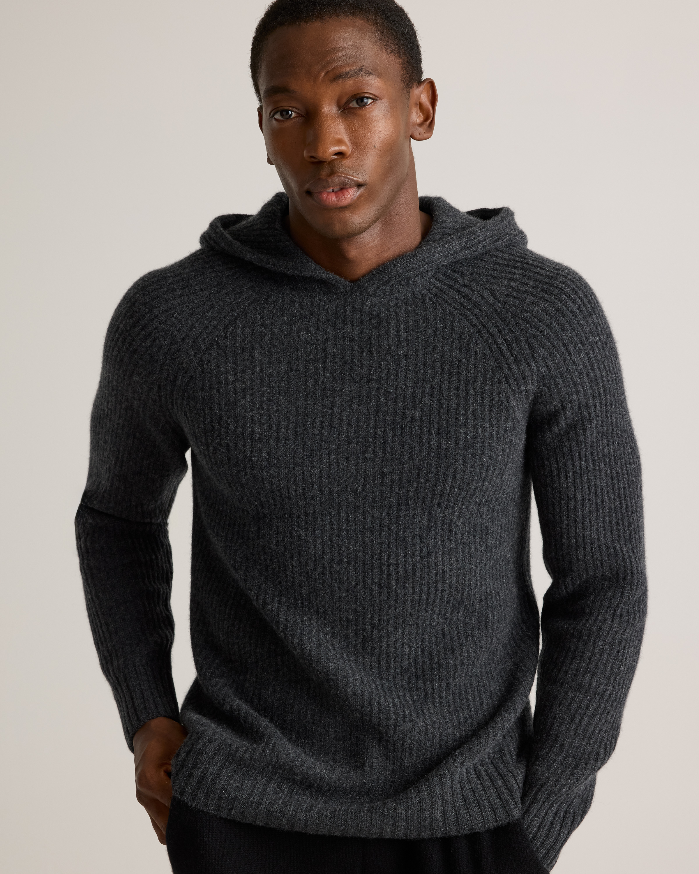 Mongolian Cashmere Fisherman Pullover Hoodie in Charcoal
