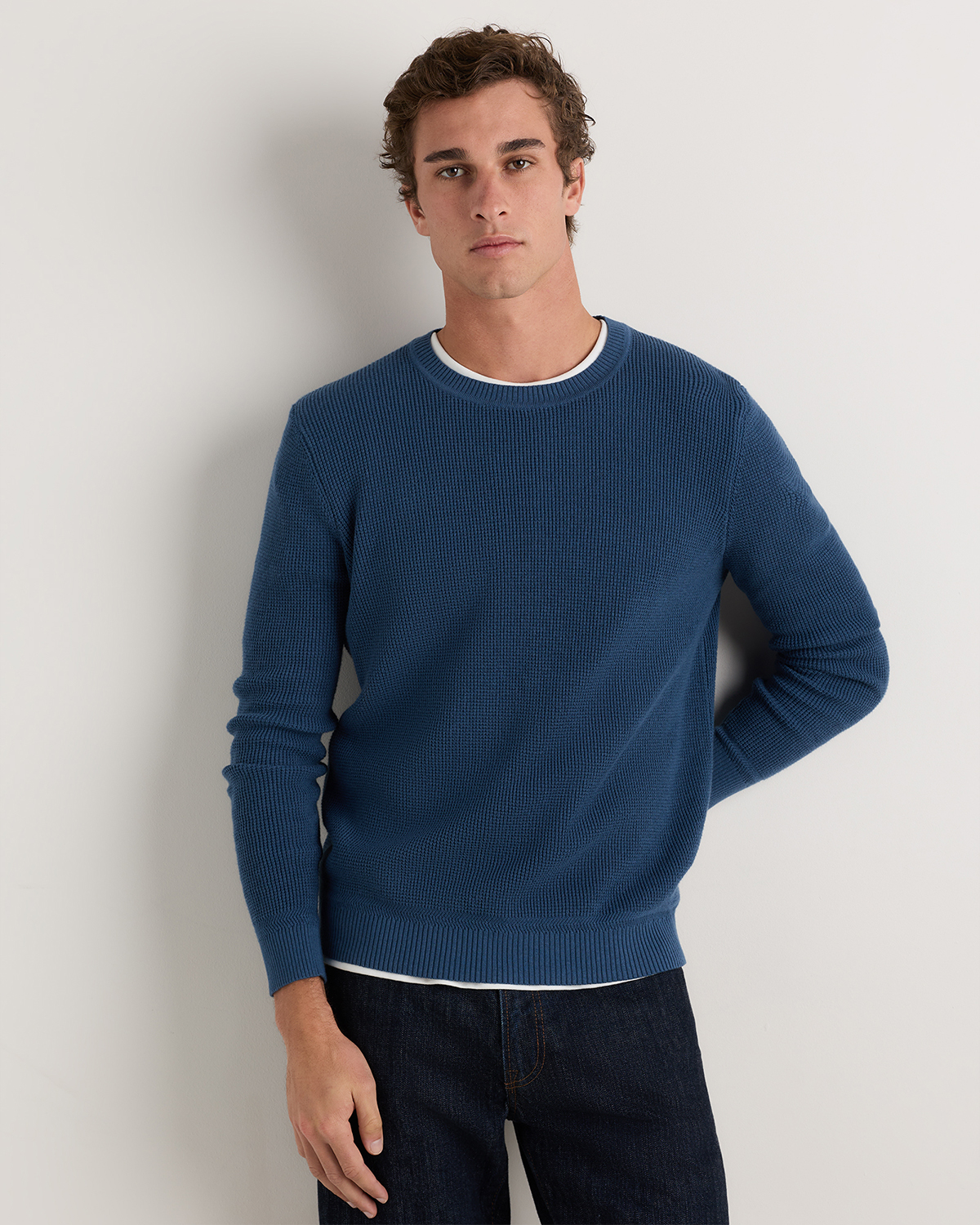 Smokey Blue Organic Cotton Cashmere Waffle Crewneck Sweater