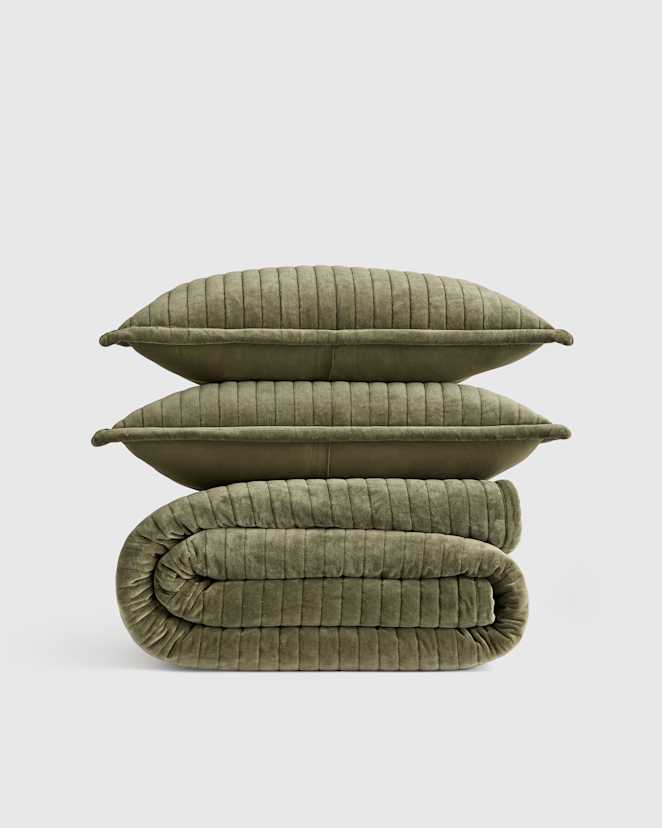 Moss Cotton Velvet Horizontal Channel Quilt Set