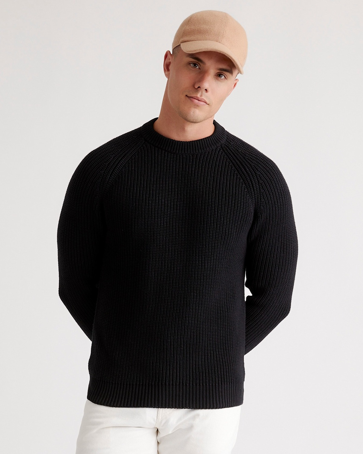 Quince Men's 100% Organic Cotton Fisherman Crew Sweater in Black