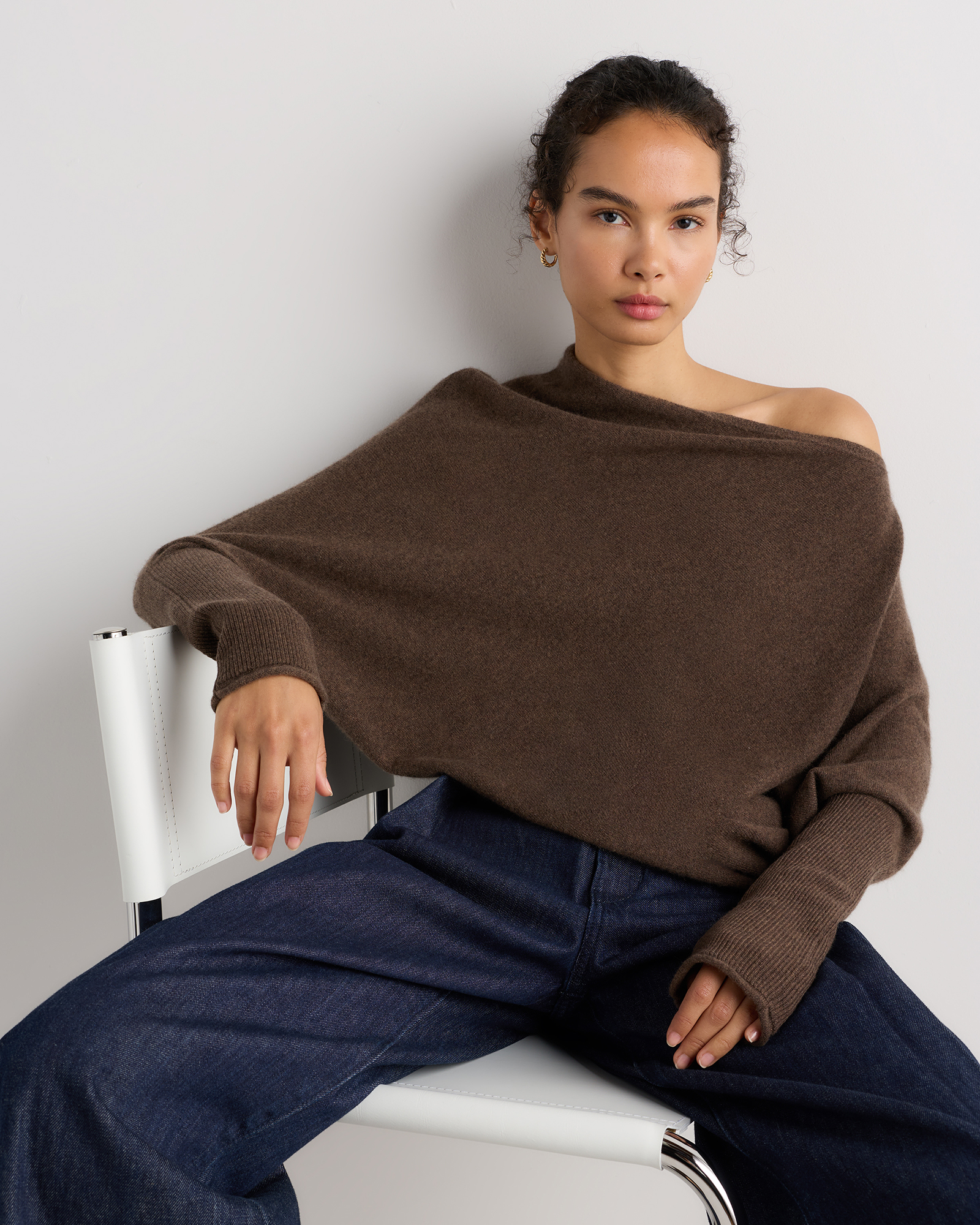 100% Mongolian Cashmere Asymmetric Draped Sweater in Brown