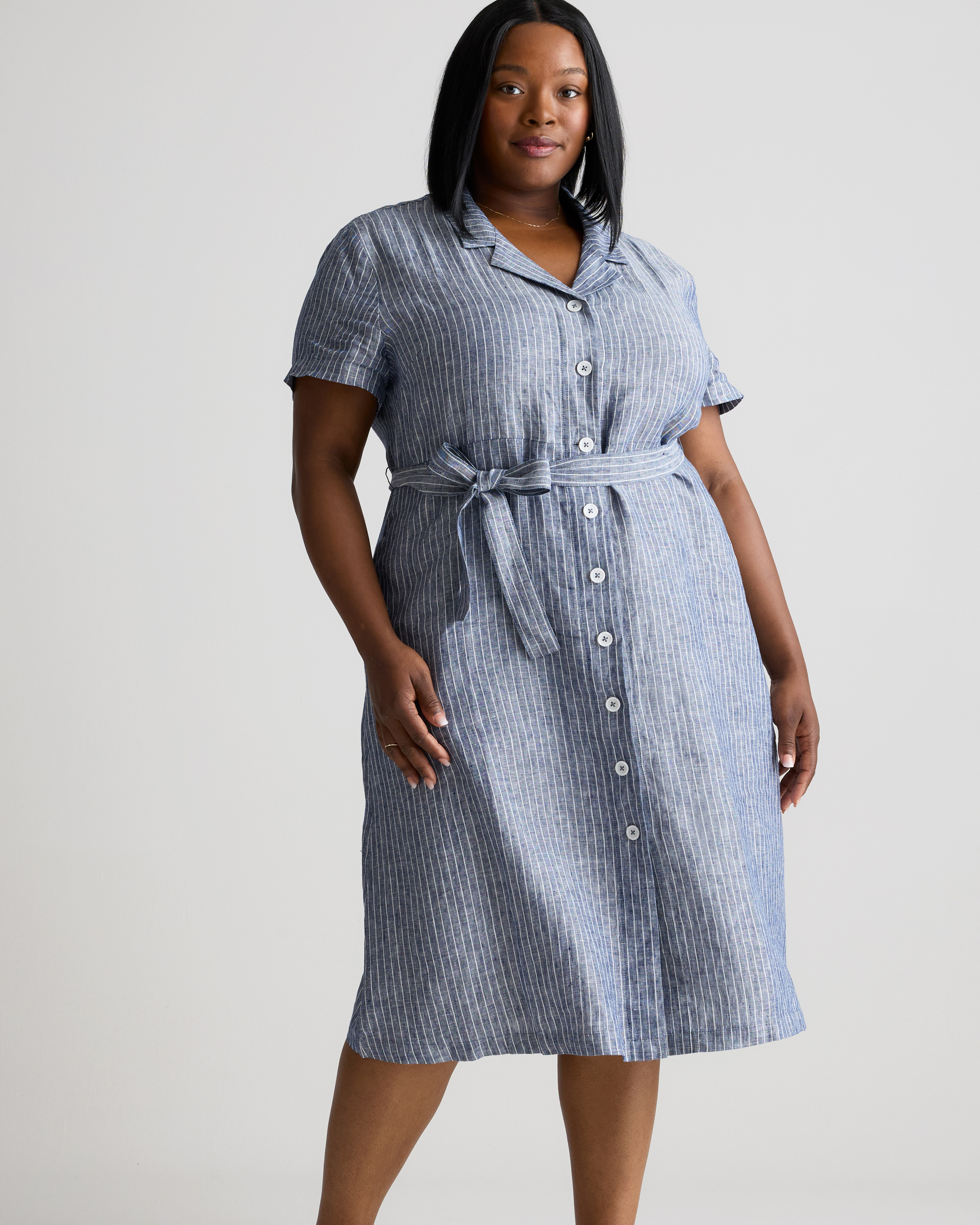Women's 100% European Linen Button Front Dress in Chambray Stripe, Size 2X by Quince