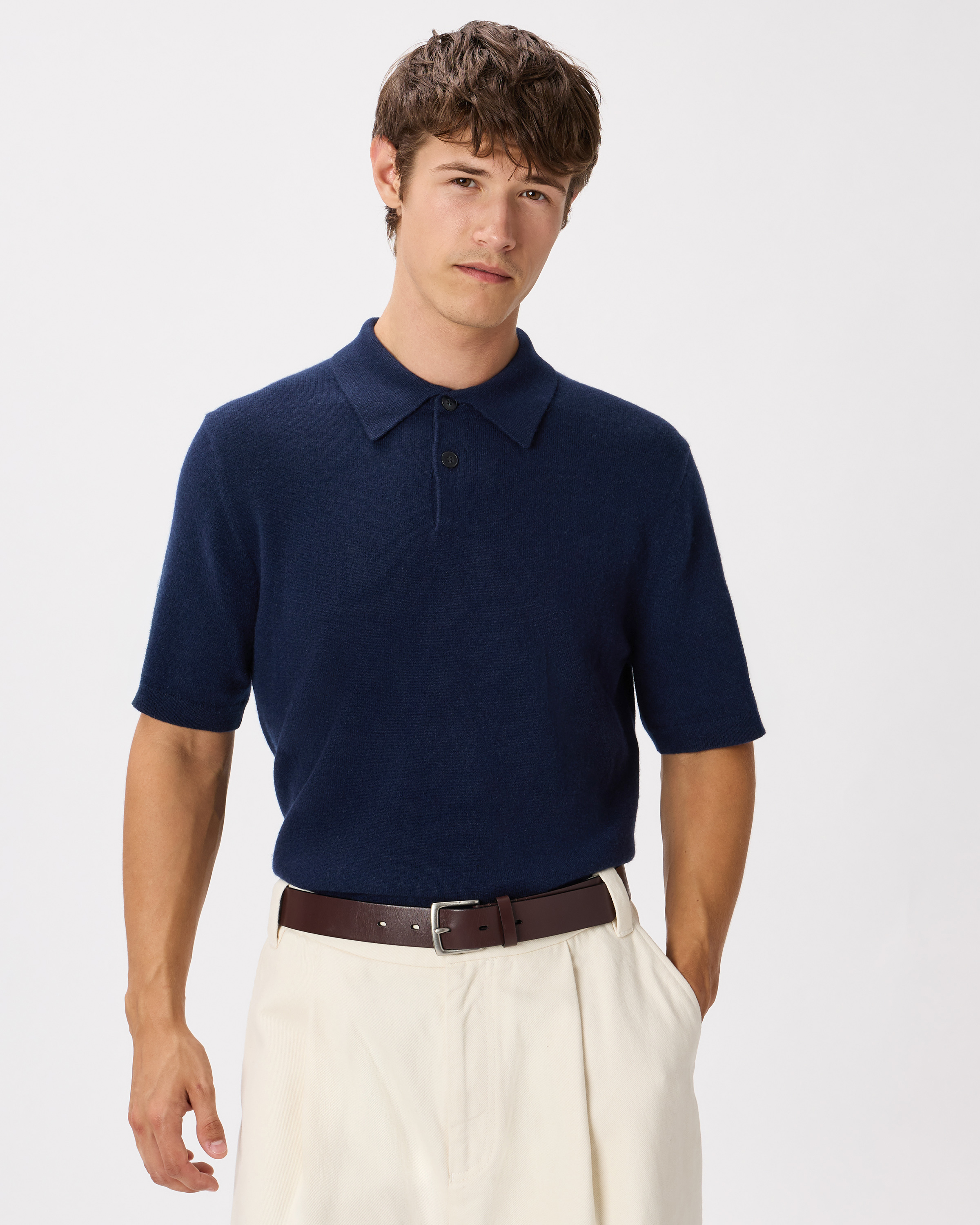 True Navy Pull style polo à manches courtes 100 % cachemire de Mongolie