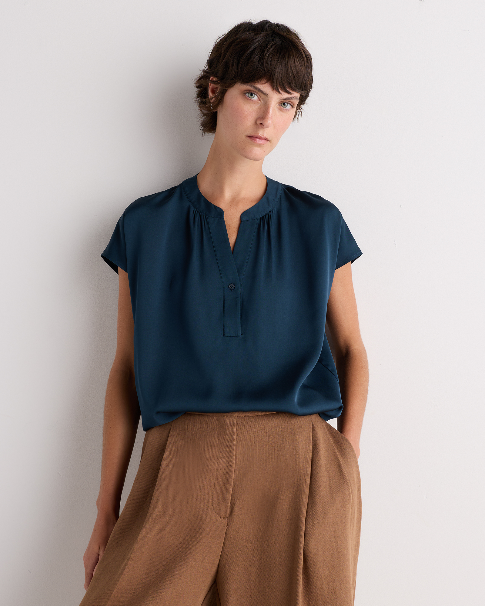 Stratus Blue Washable Stretch Silk Dolman Sleeve Blouse