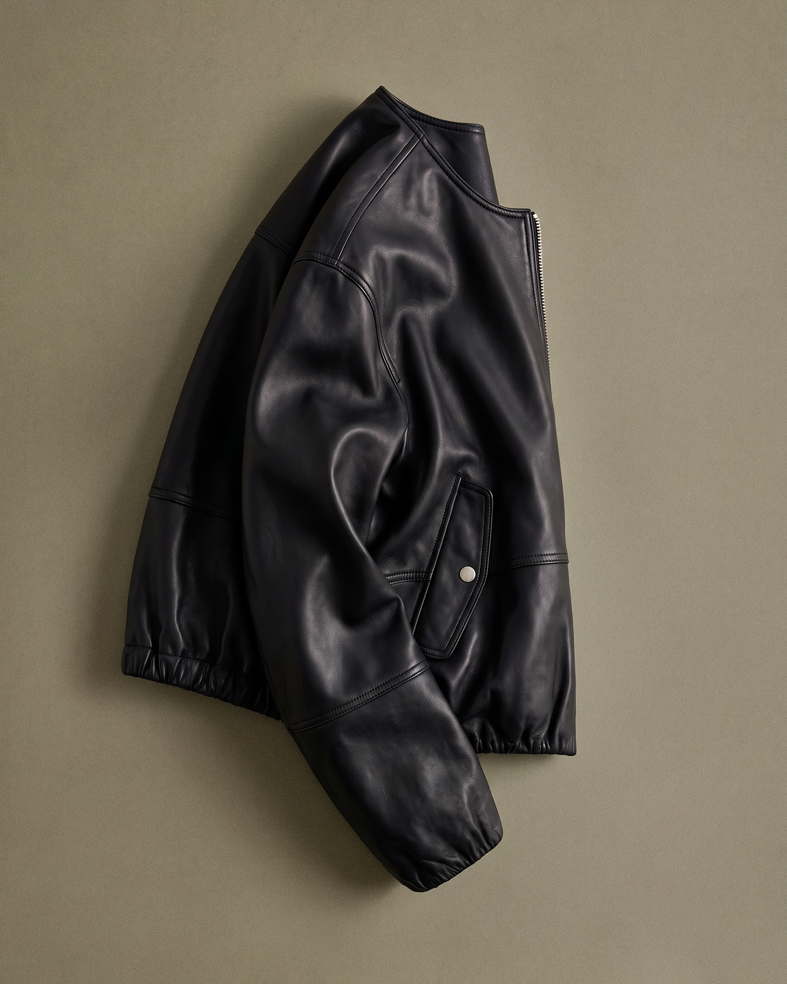 100 Leather Collarless Cropped Bubble Hem Jacket