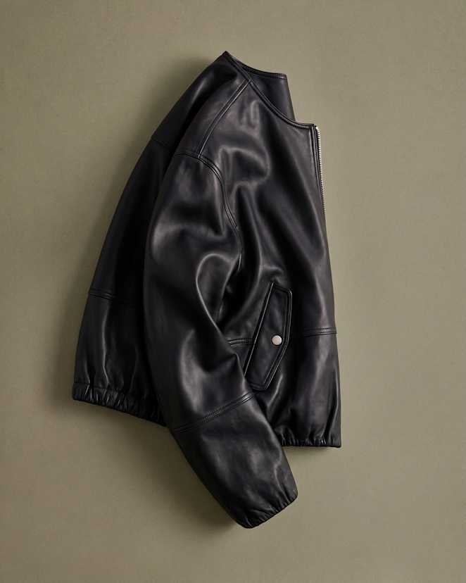 100 Leather Collarless Cropped Bubble Hem Jacket