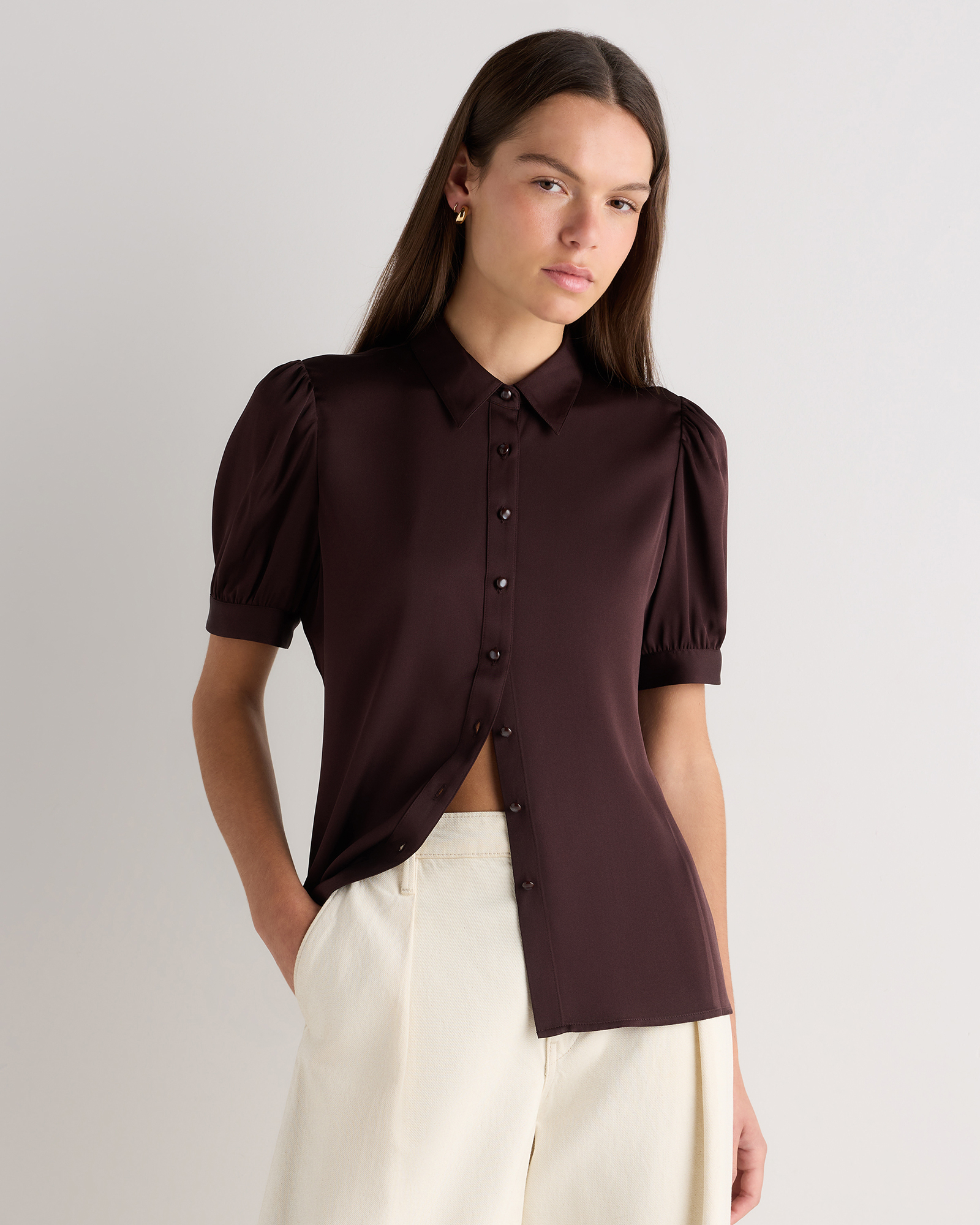 Chocolate Plum Brown Washable Stretch Silk Puff Sleeve Blouse