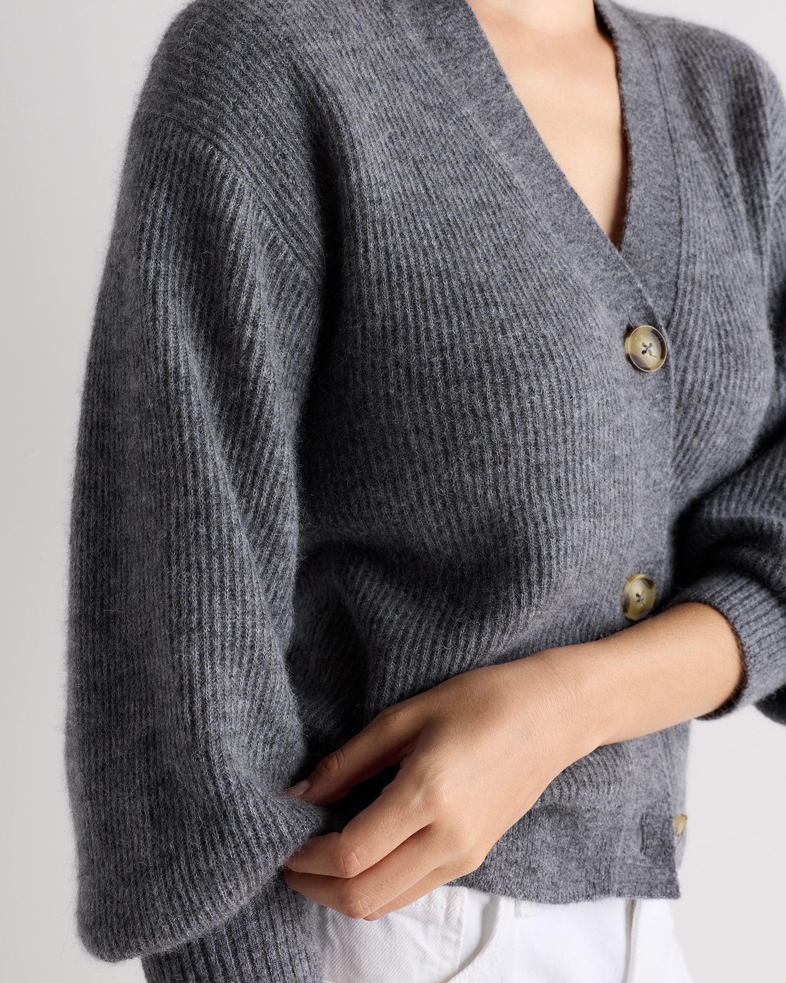 Lightweight Baby Alpaca Cropped V-Neck Cardigan in Smoked Charcoal