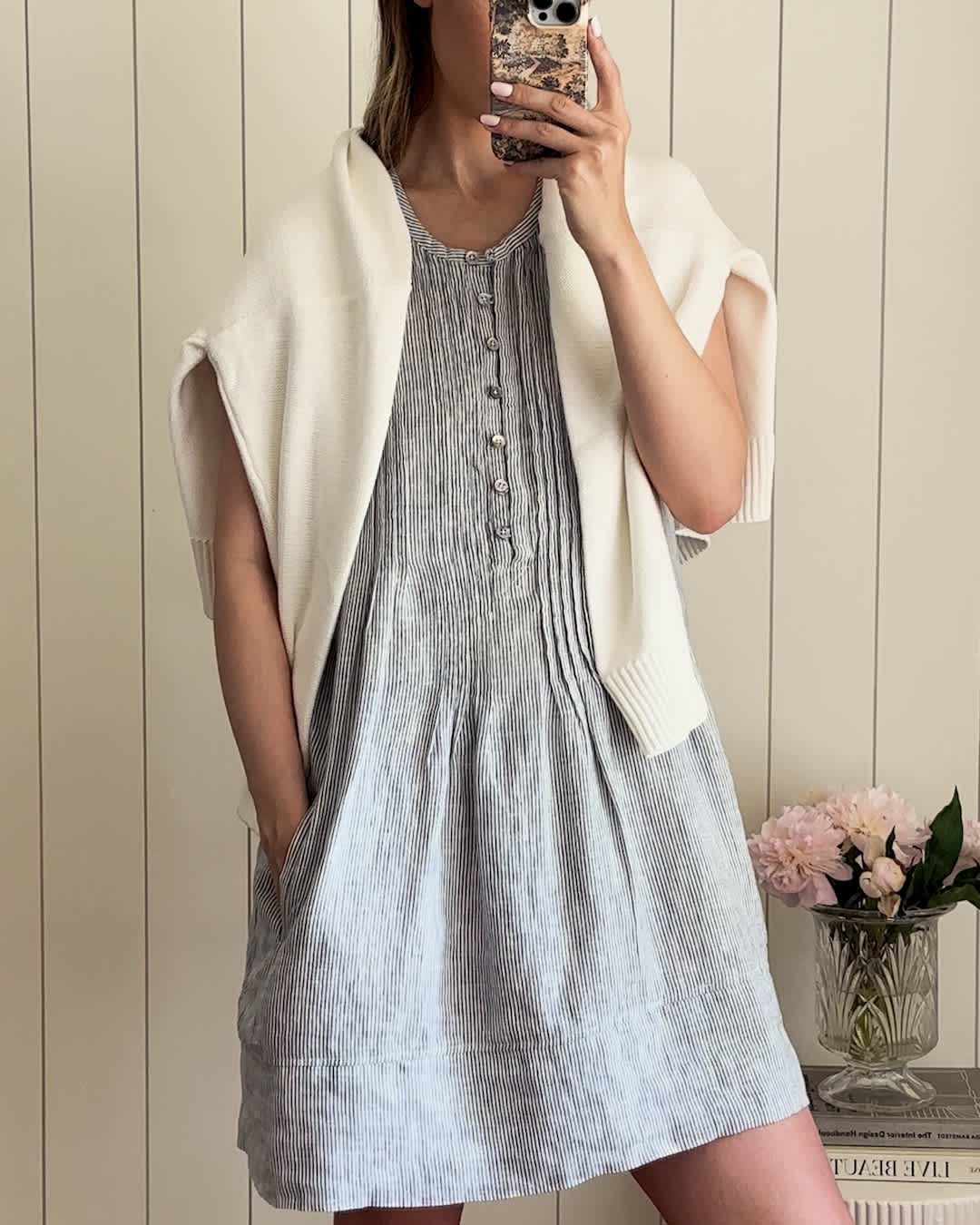 sleeveless linen dress Montauk Maxi Dress, Crema Linen hem pockets Women's 100% European Linen Sleeveless