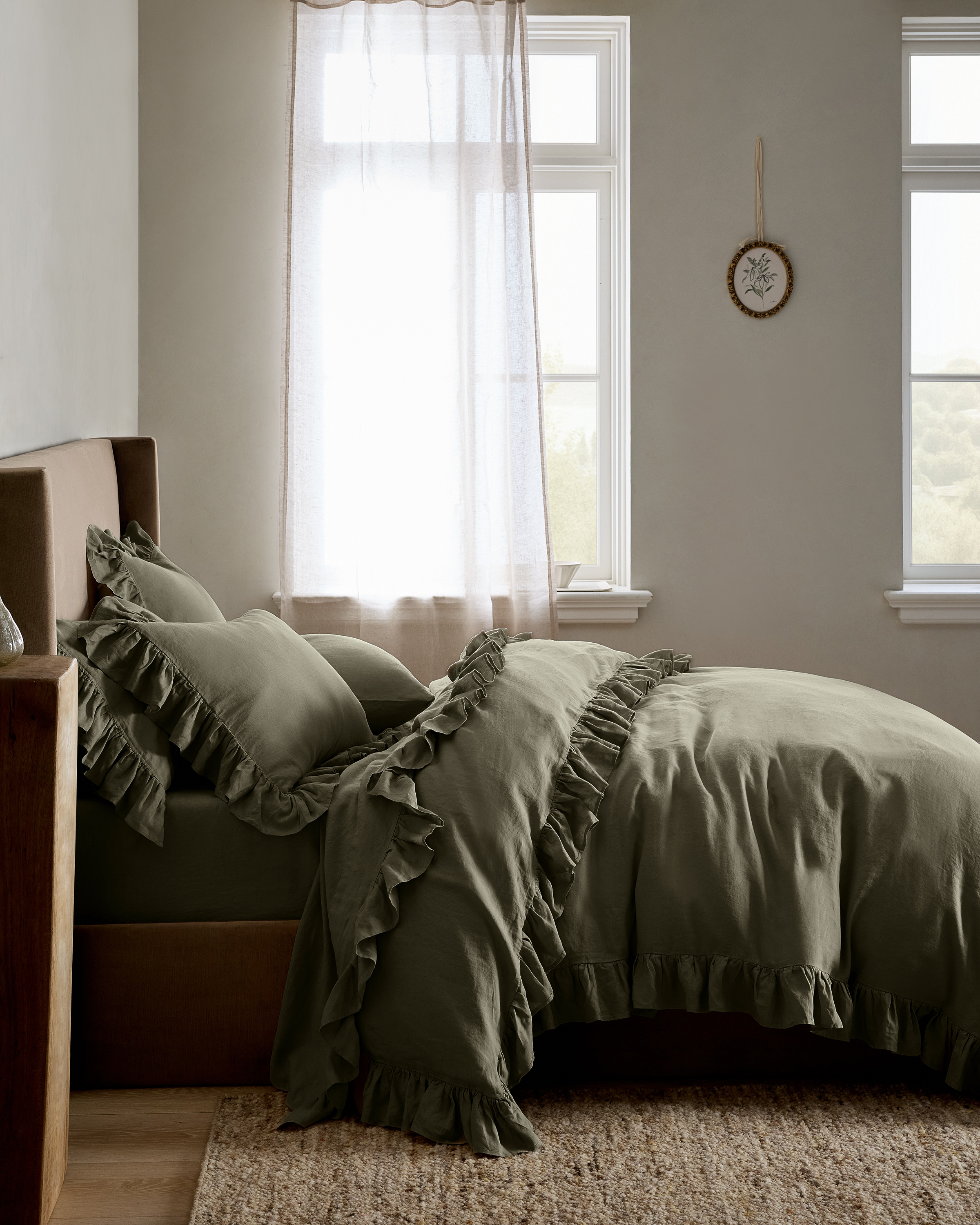 Dusty Olive European Linen Ruffle Duvet Cover