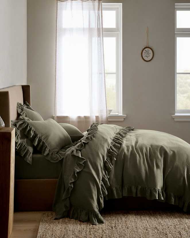 Dusty Olive European Linen Ruffle Duvet Cover
