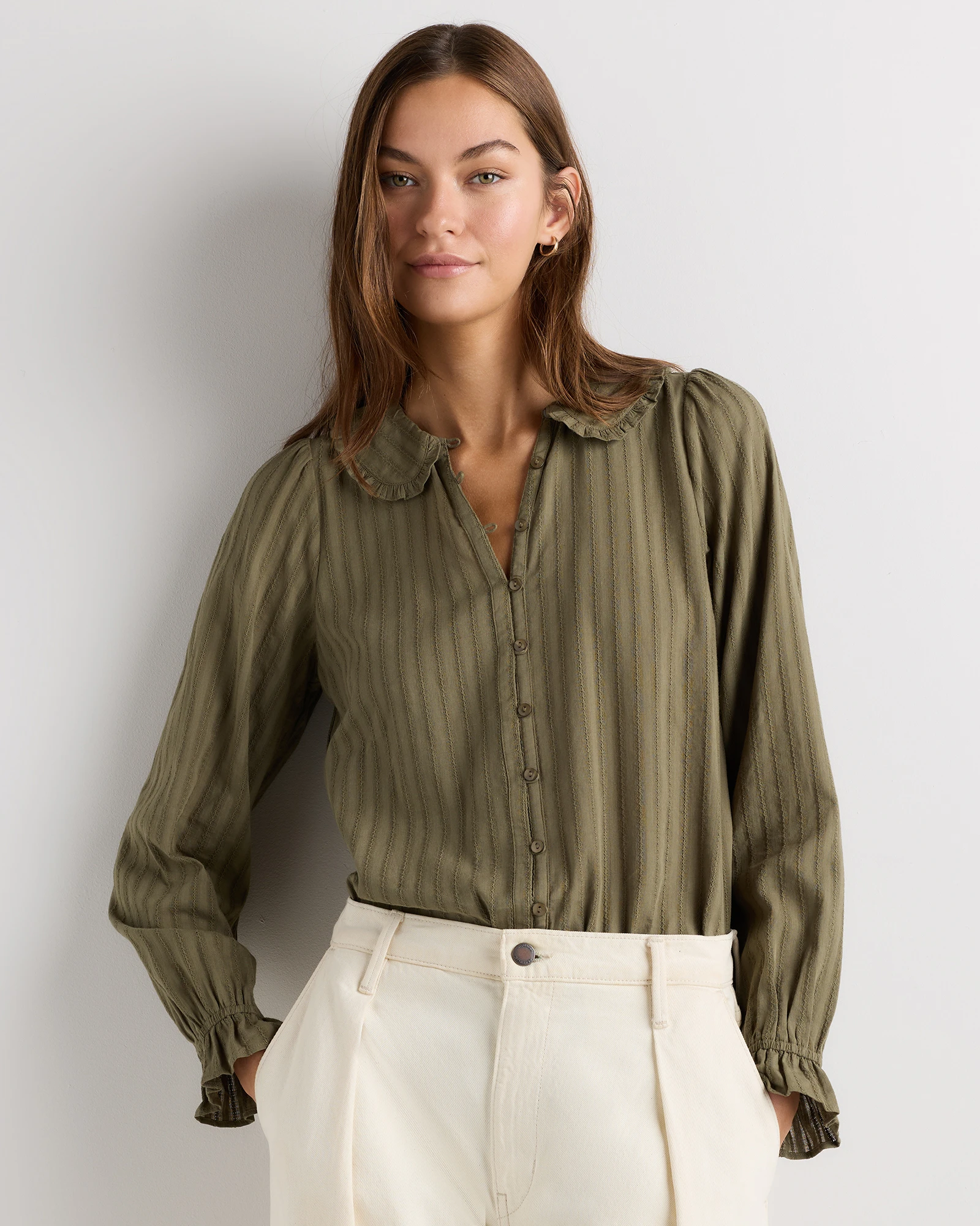 Embroidered Cotton Ruffle Collar Long Sleeve Blouse