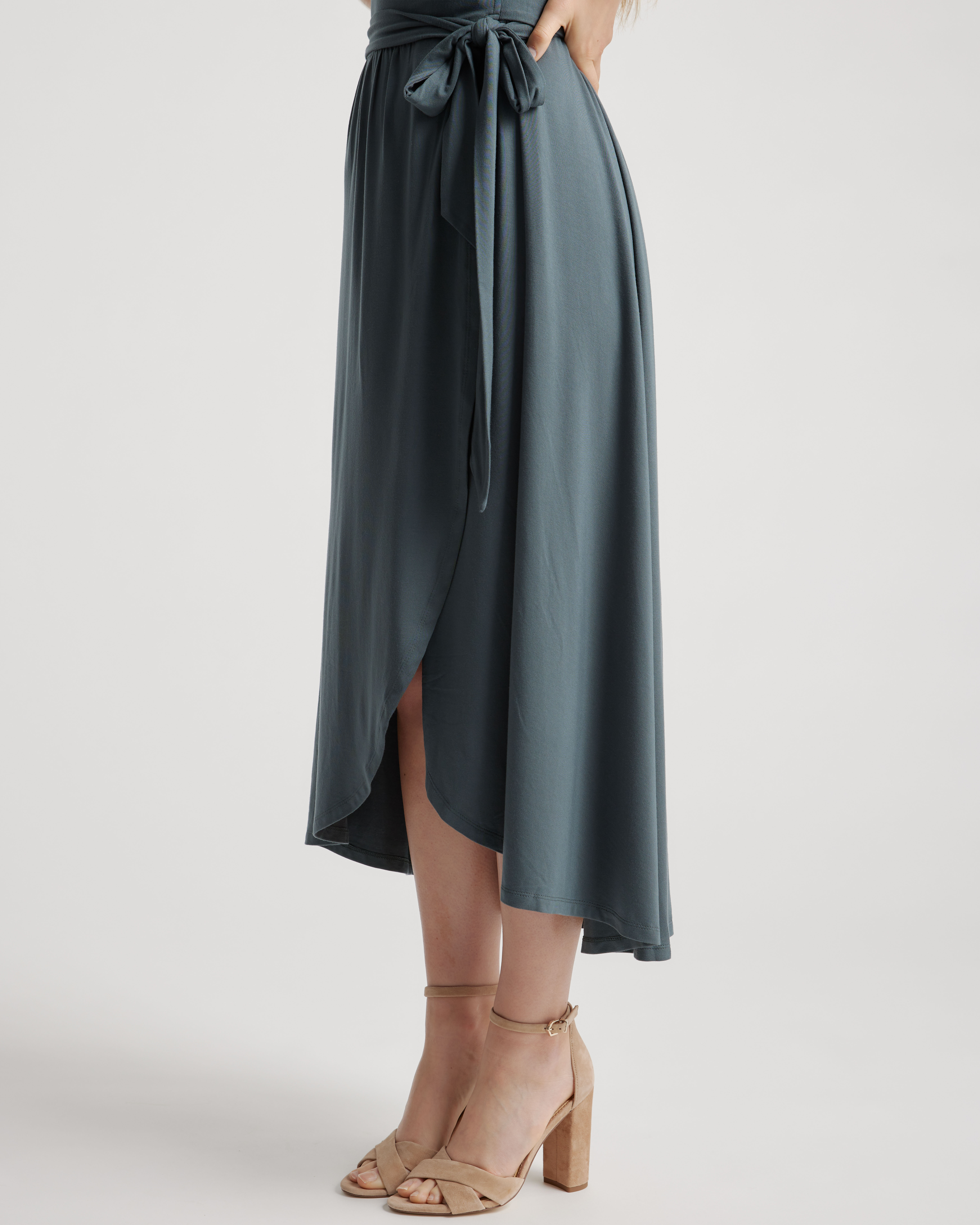 Quince Women's Tencel Jersey Midi Wrap Dress, Dark Olive, Size XS - Eco-Friendly, Comfy, Modern Length, Rounded Collar