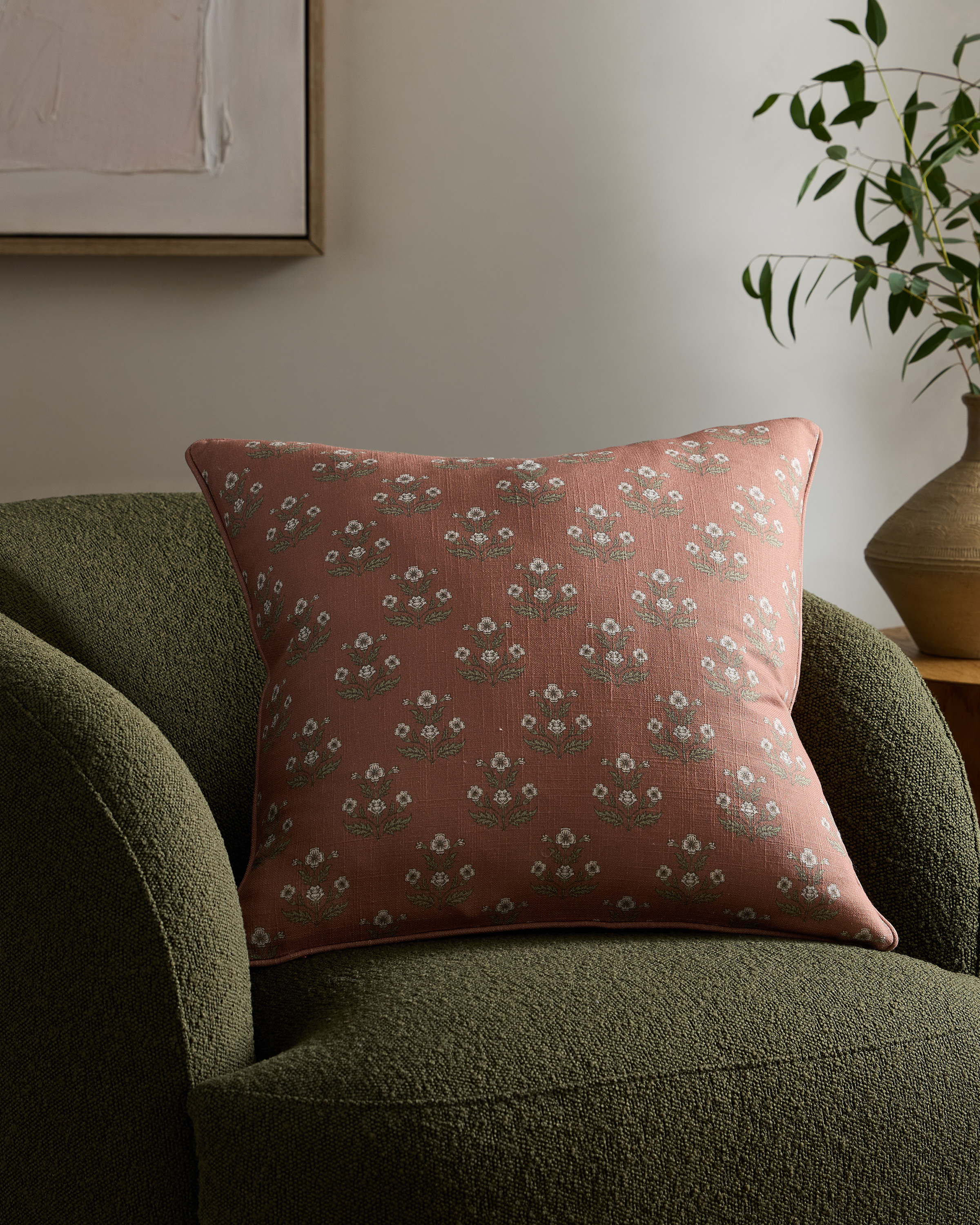 Piped Block Print Cotton Pillow Cover in Rust