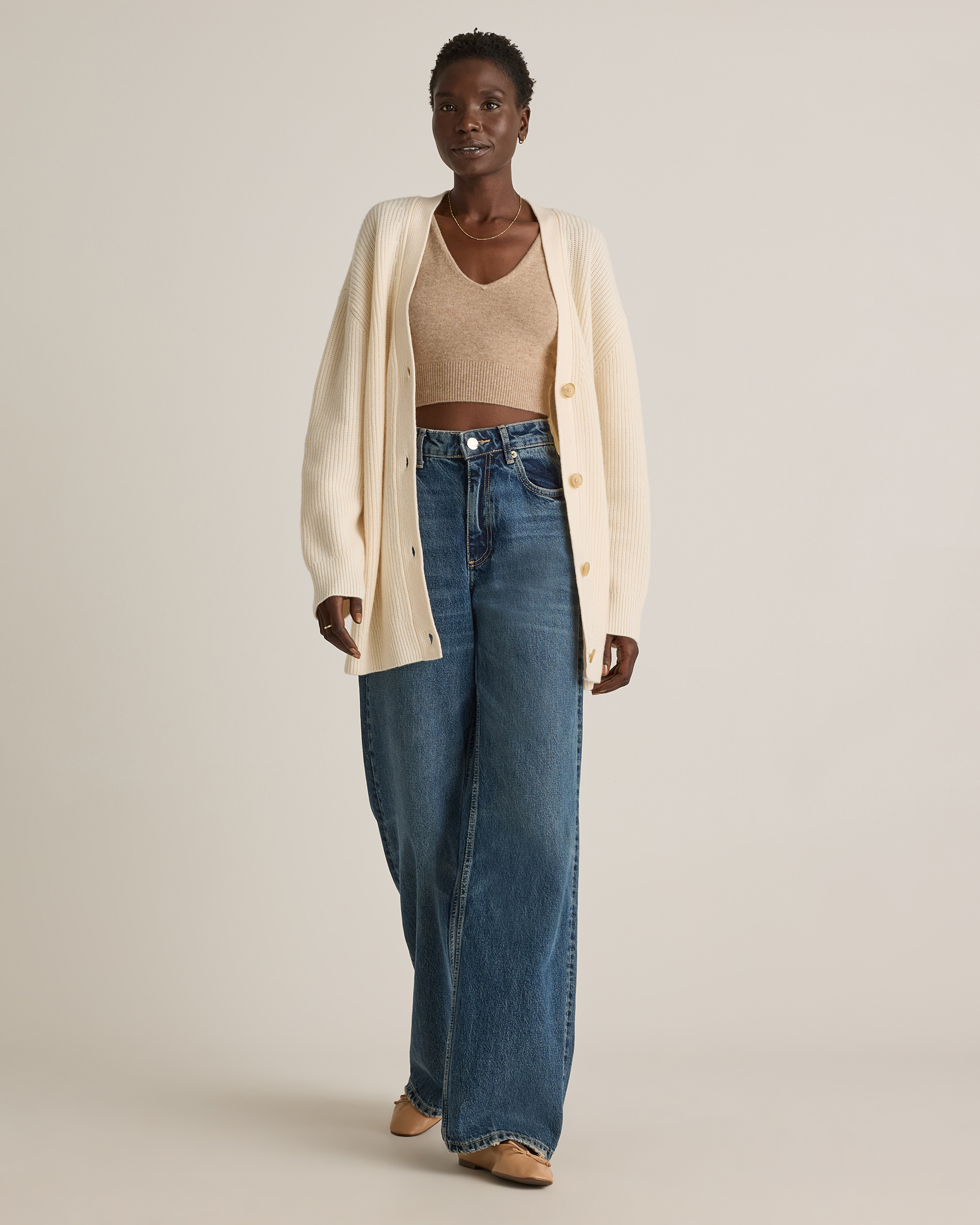 Mongolian Cashmere Oversized Boyfriend Cardigan Sweater in Ivory