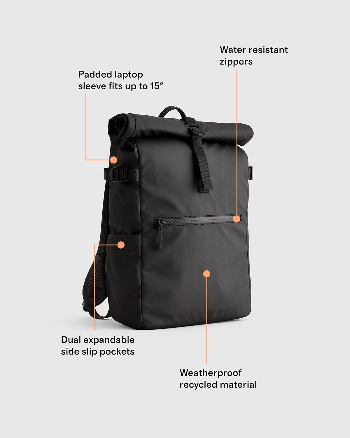 Weather Proof Roll-Top Backpack in Black