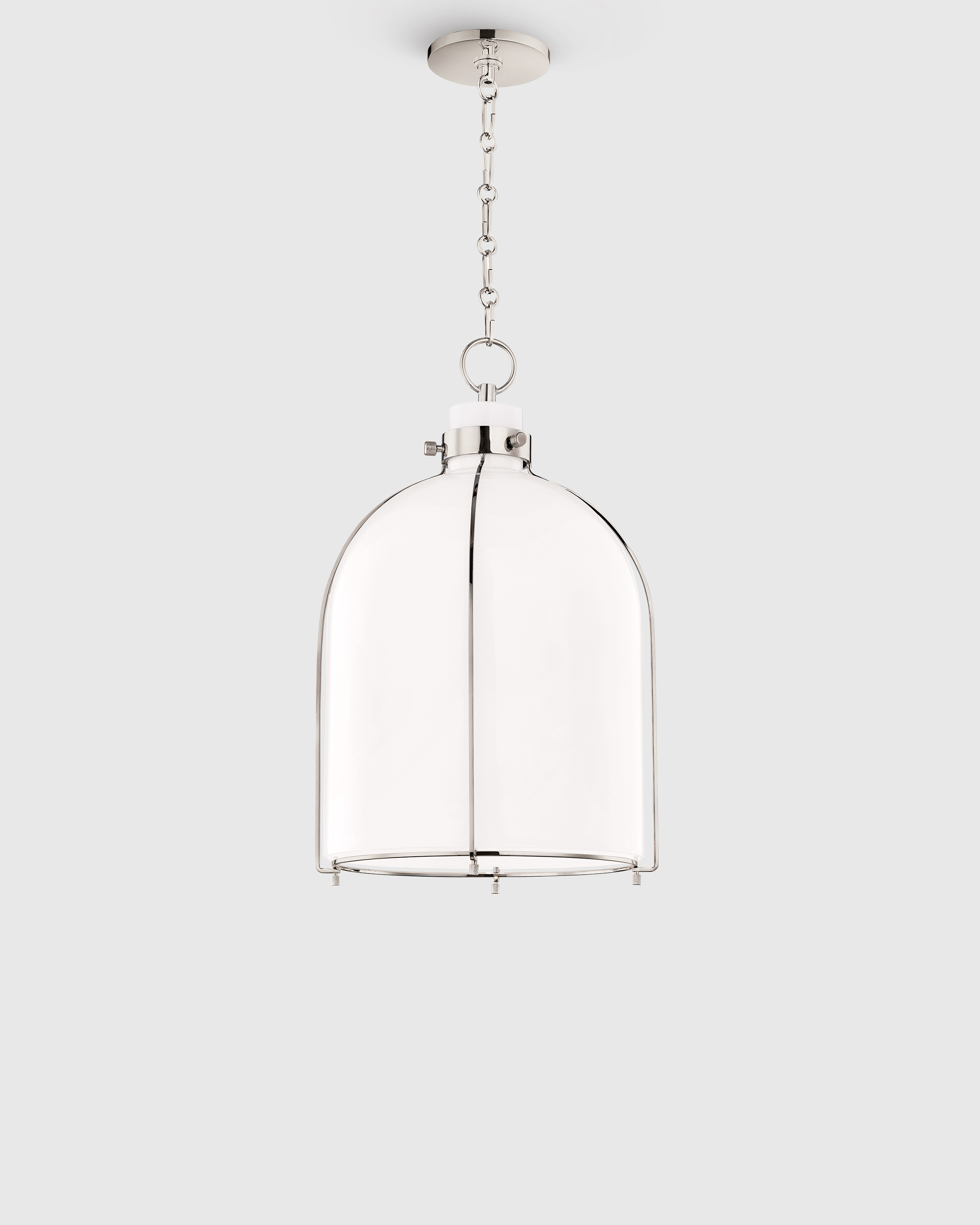 Polished Nickel Iron and Opal Glass Bell Pendant Light