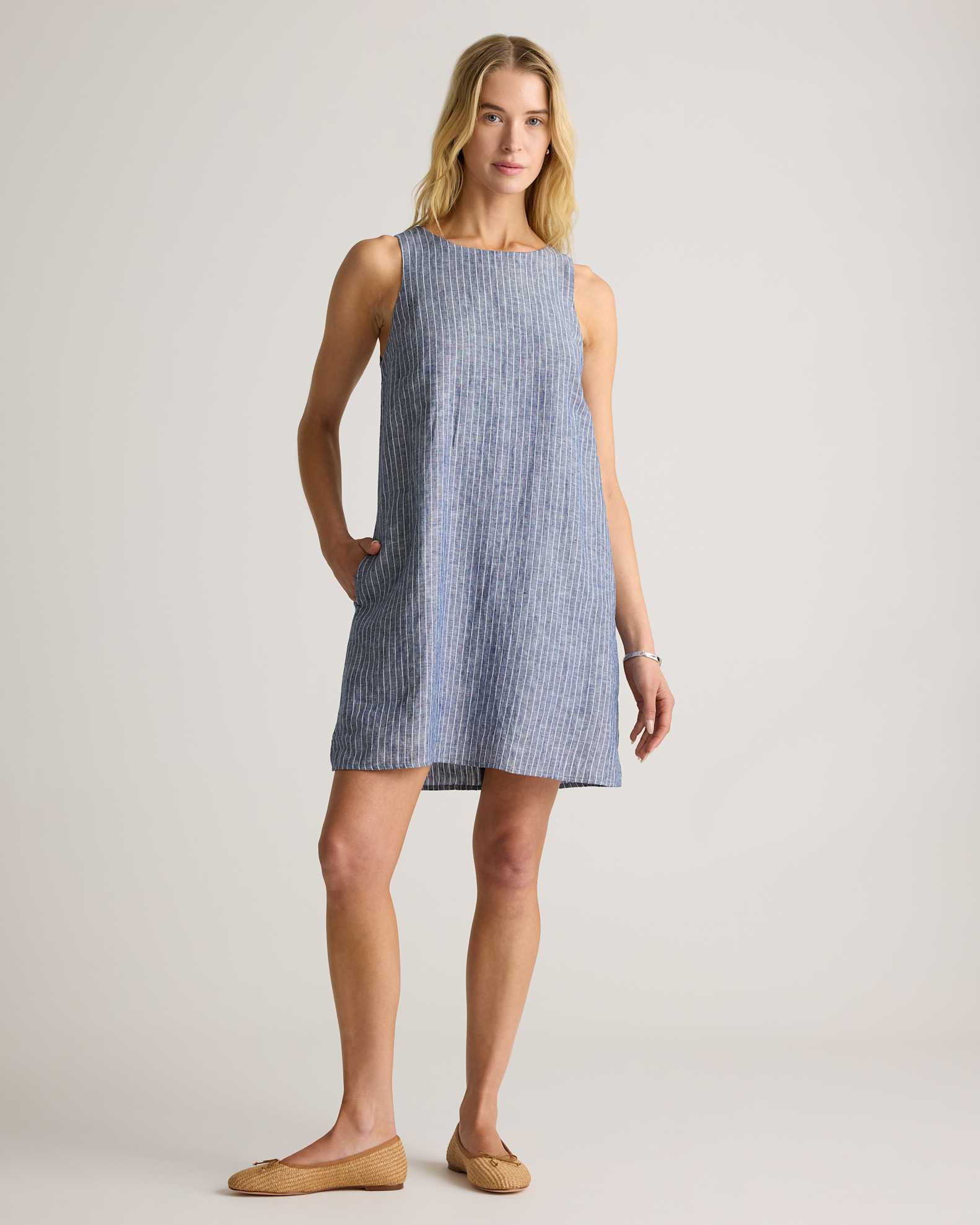 100% European Linen Tank Mini Dress in Chambray Stripe