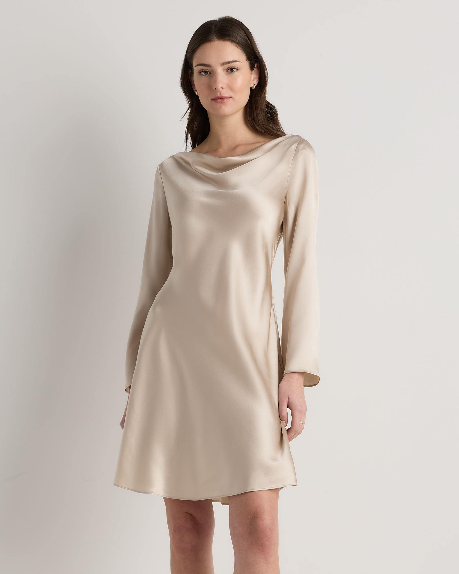 Champagne 100% Washable Silk Long Sleeve Mini Dress 