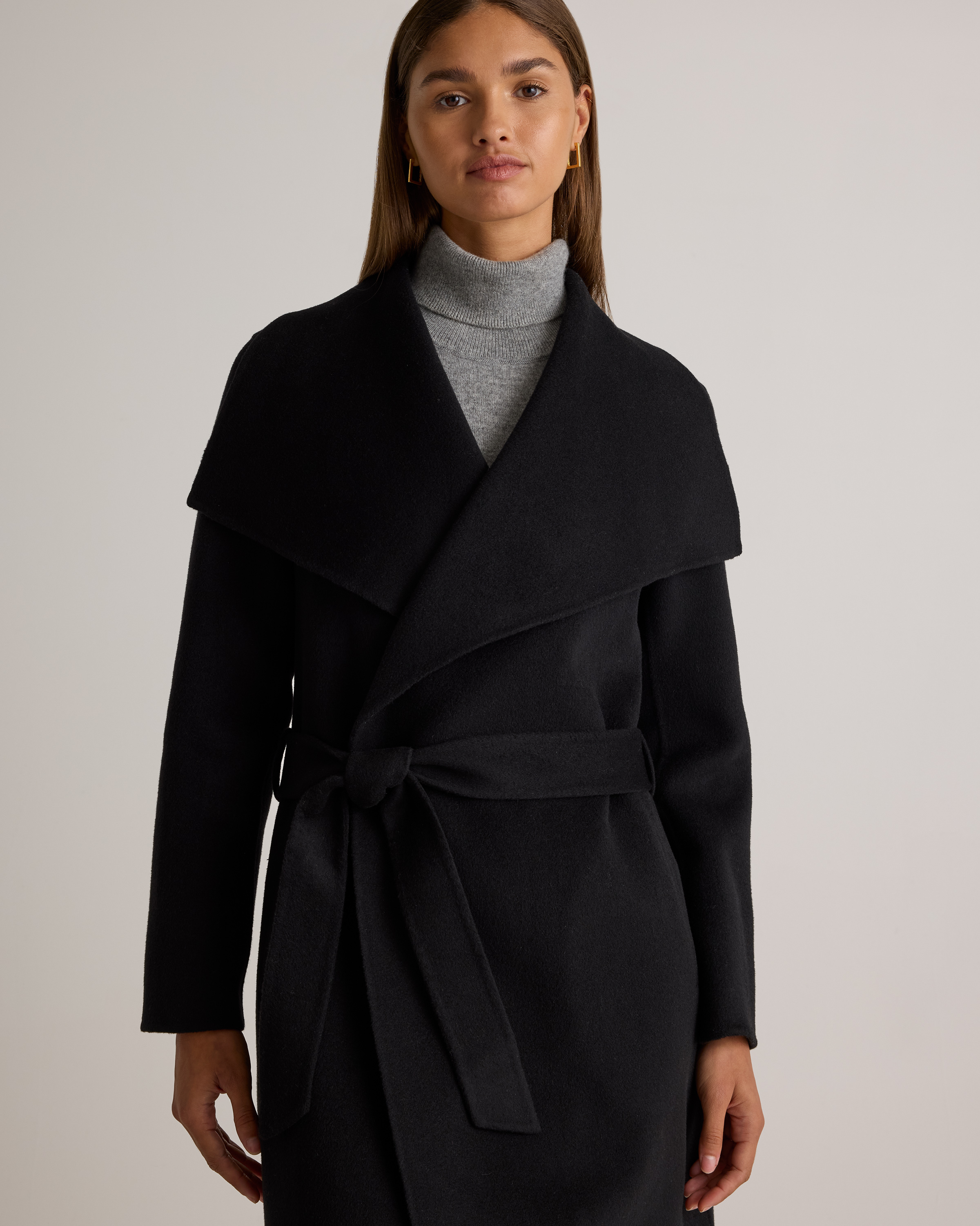 Double-Faced Merino Wool Draped Collar Wrap Coat in Black