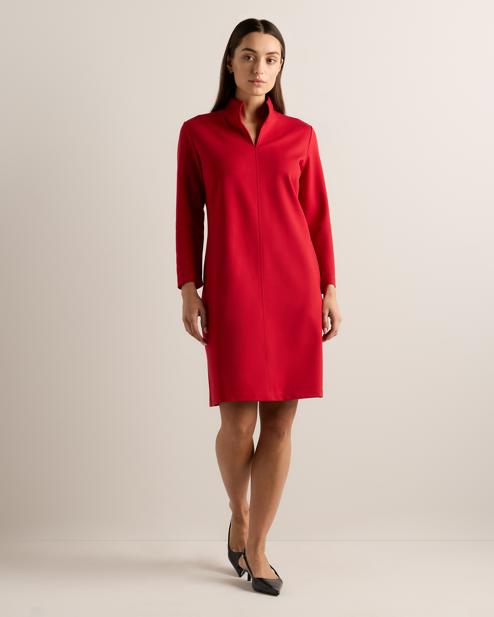 Ruby Red Ultra-Stretch Ponte Split Neck Mini Dress