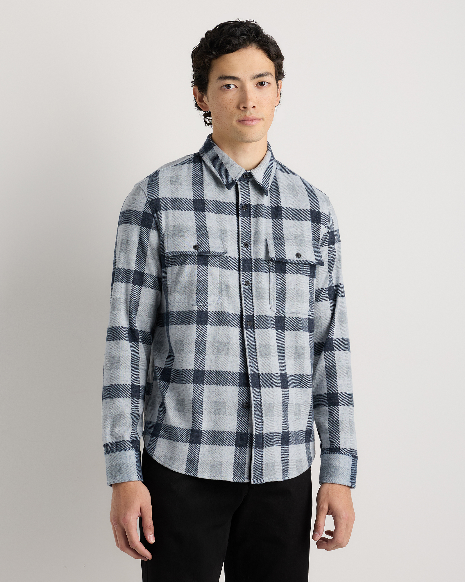 Navy Check Stretch Sweater Fleece Shirt