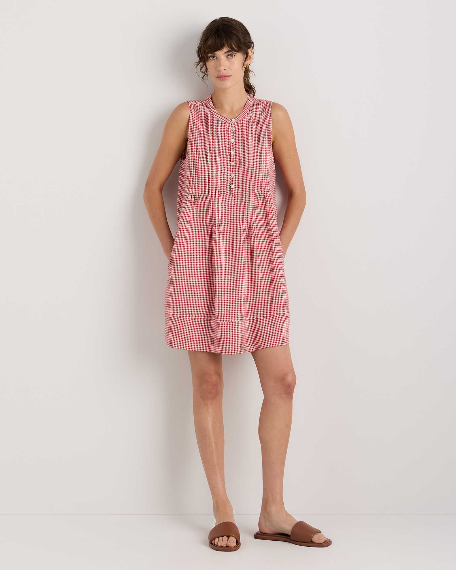 100% European Linen Sleeveless Swing Dress in Red Classic Mini Gingham 100% European Linen Sleeveless Swing Dress in Red Classic Mini Gingham