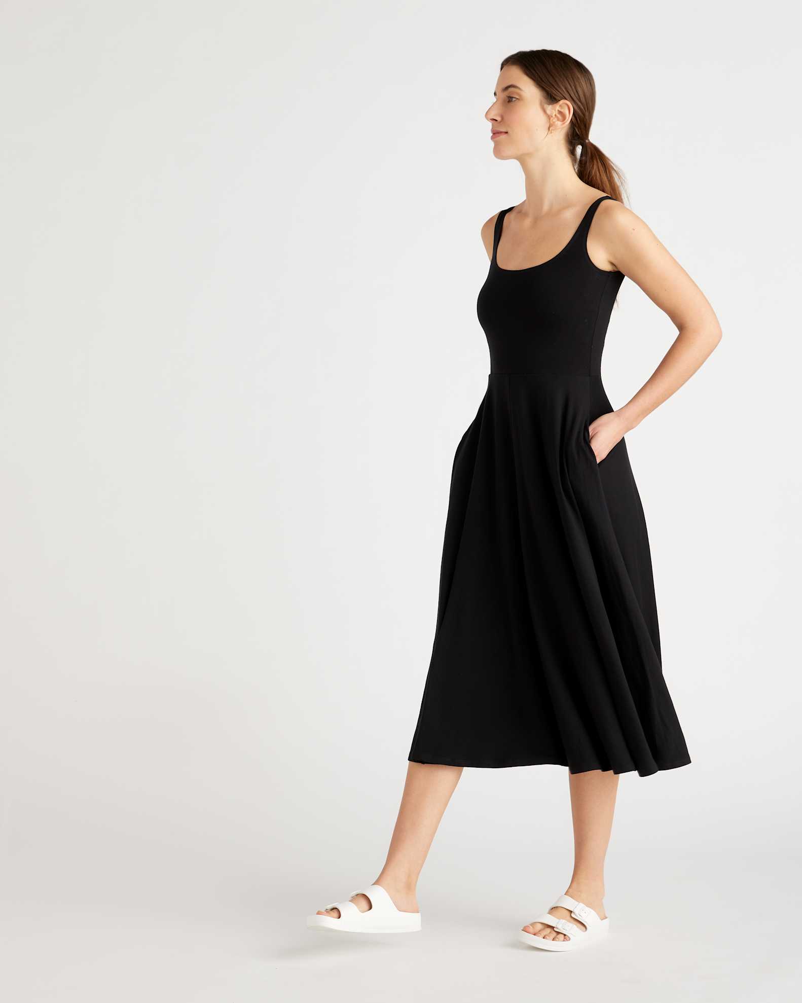 Quince Women's Fit & Flare Knit Dress, Black, Size Large, Made from Soft, Light Tencel with Pockets Quince Women's Fit & Flare Knit Dress, Black, Size Large, Made from Soft, Light Tencel with Pockets