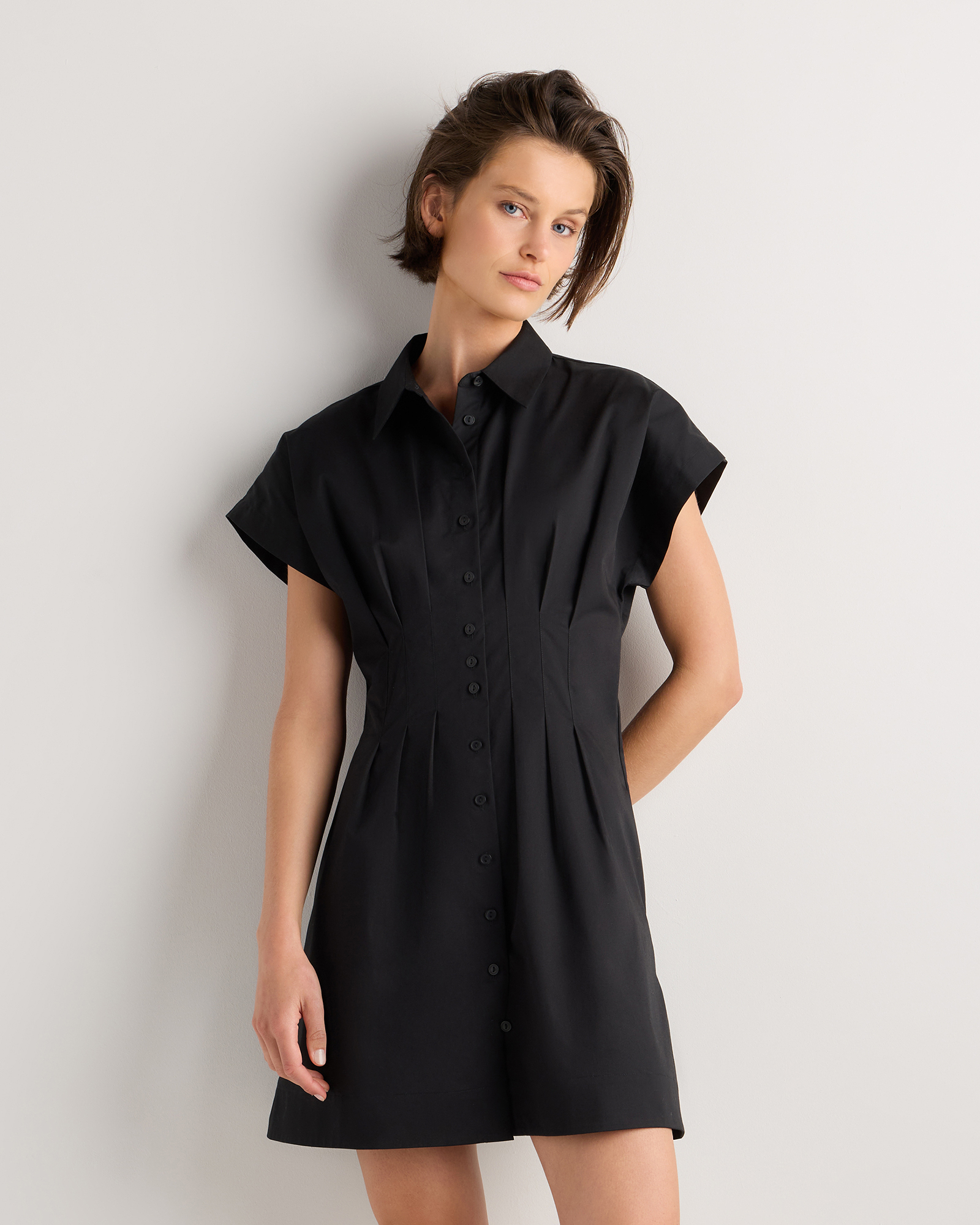 Black Stretch Twill Pleated Mini Shirt Dress