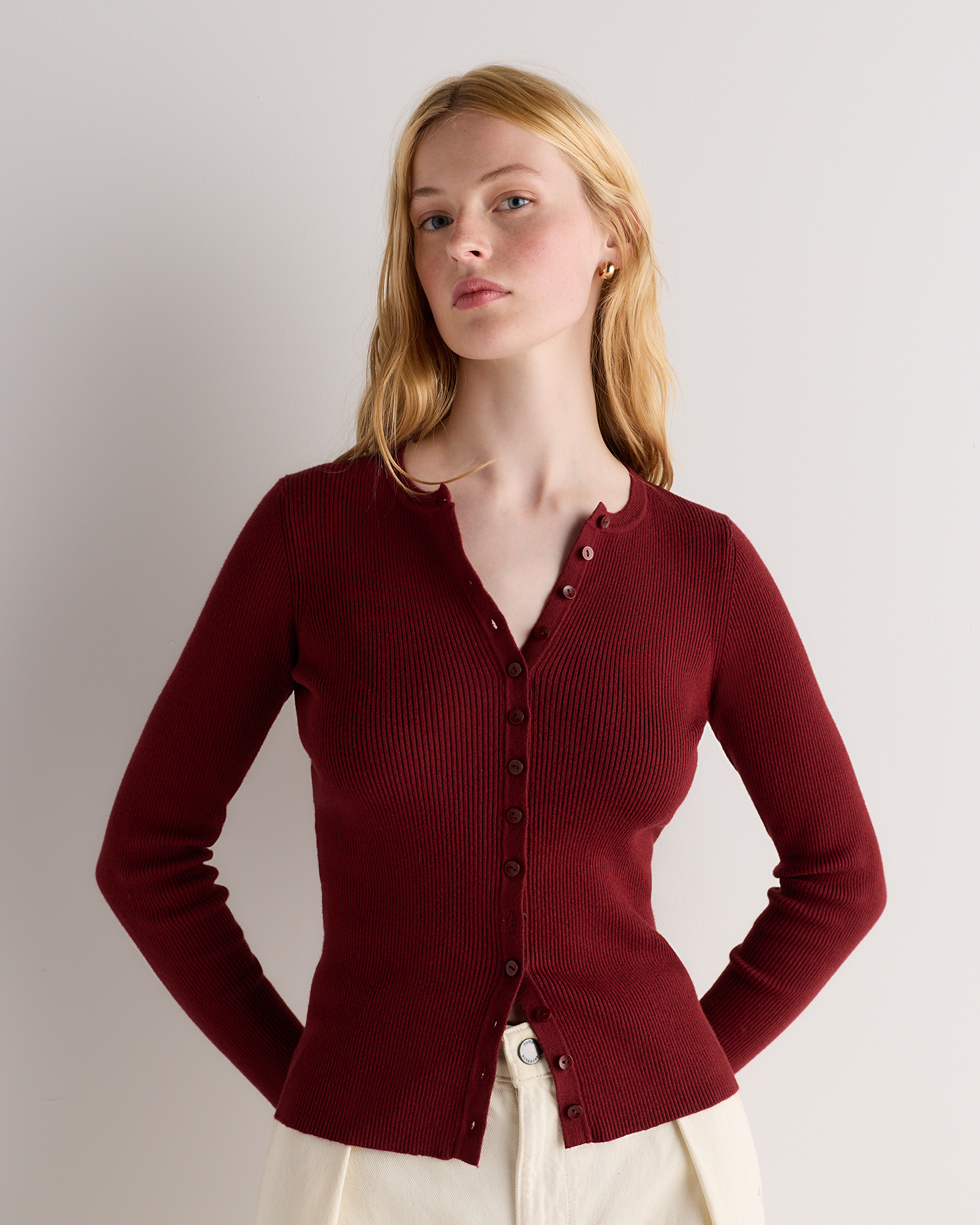 Deep Brick Red Cotton Cashmere Fitted Ribbed Cardigan