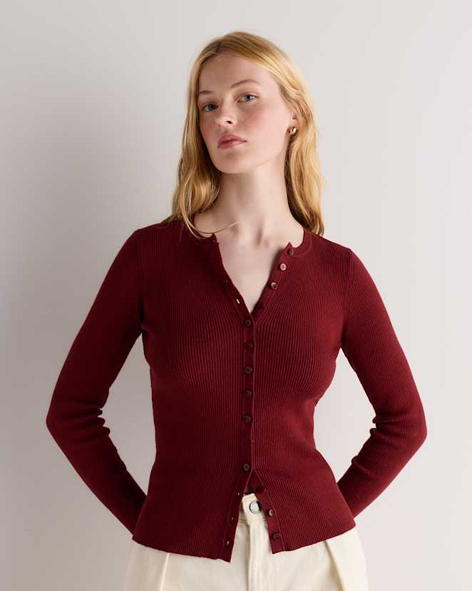 Deep Brick Red Cotton Cashmere Fitted Ribbed Cardigan