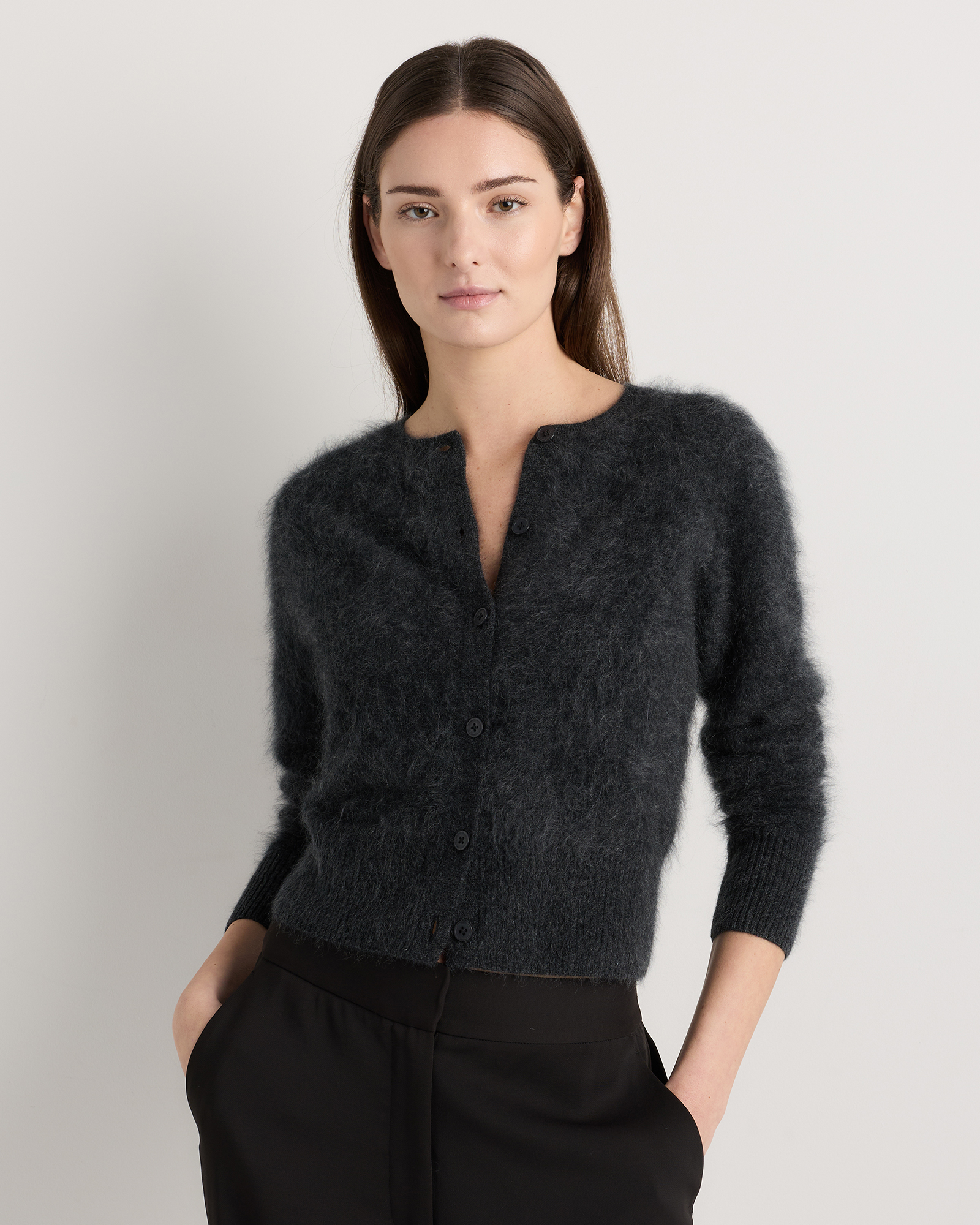 Heather Charcoal Brushed Cashmere Cropped Crewneck Cardigan
