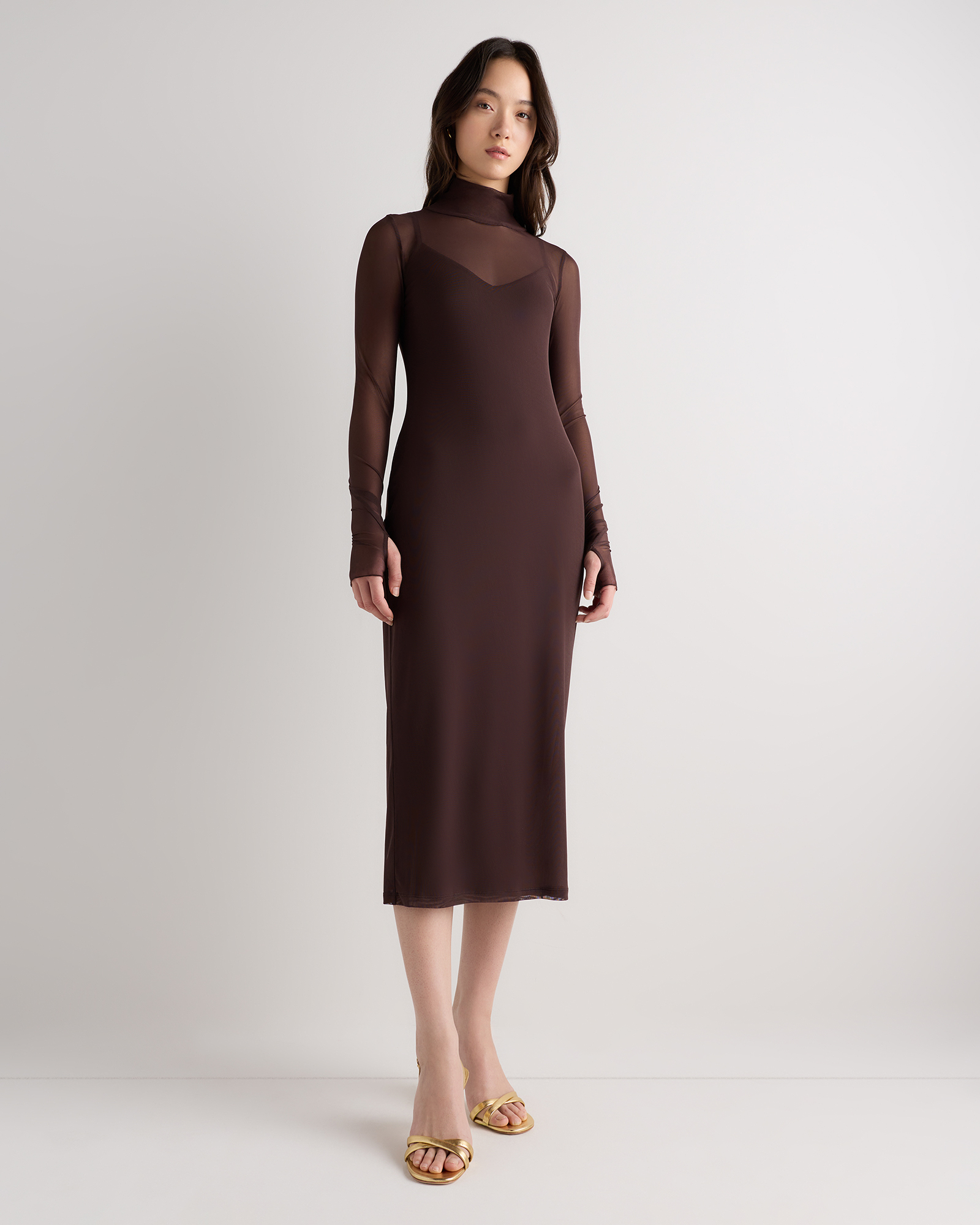 mock neck knit midi dress Mesh in Chocolate Plum Brown Womens dresses