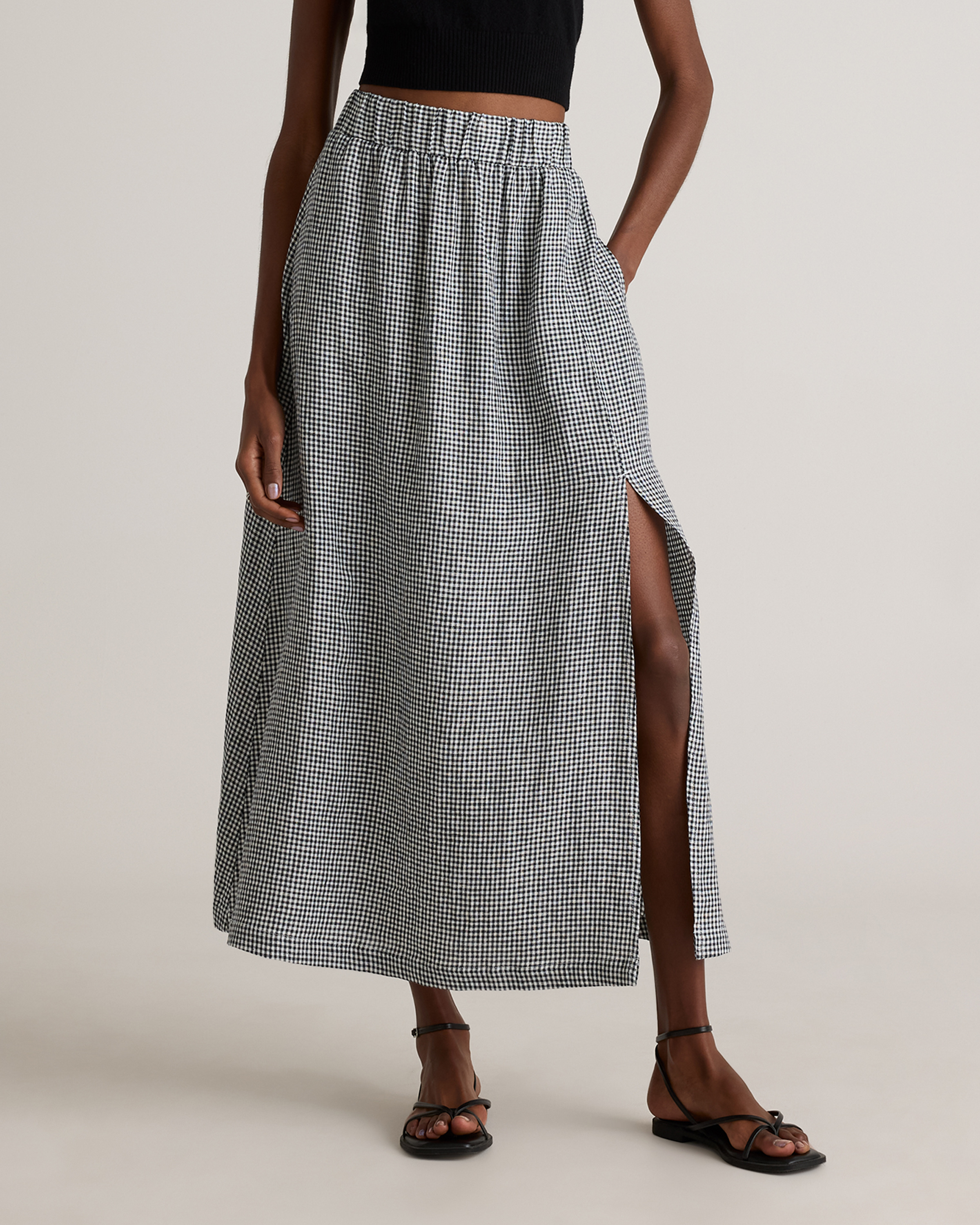 100% European Linen Maxi Skirt in Classic Mini Gingham