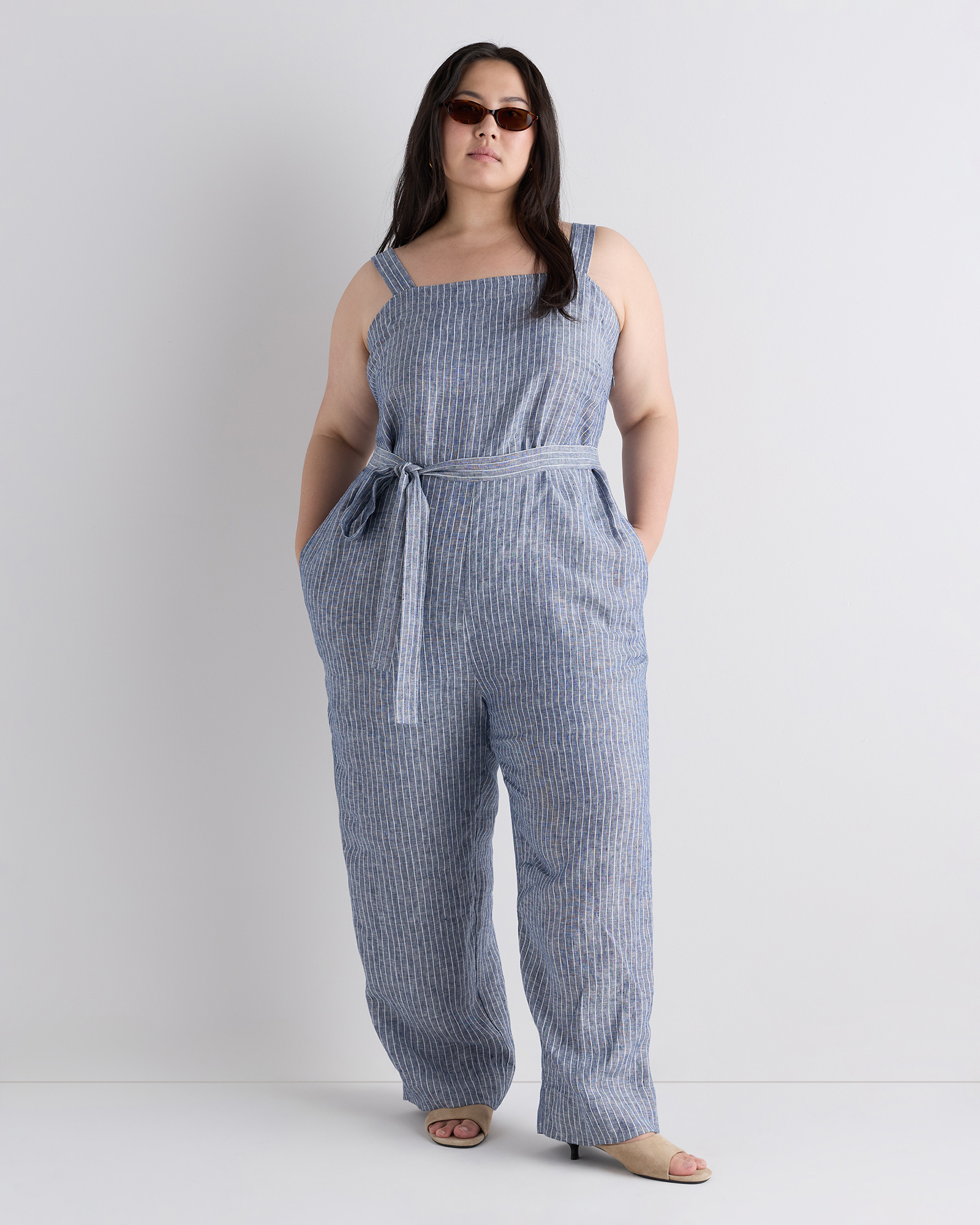 Chambray Stripe 100% European Linen Square Neck Jumpsuit