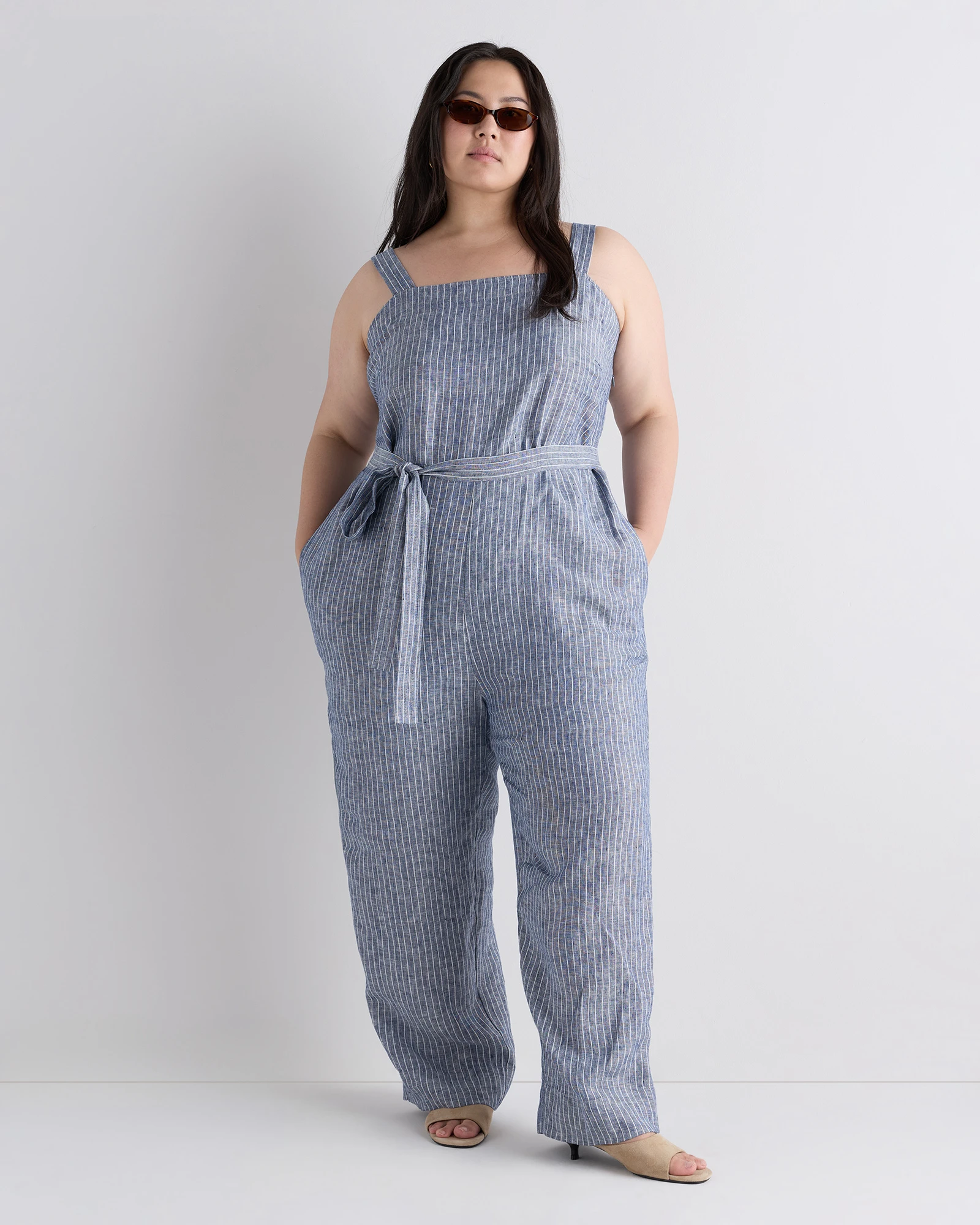 100% European Linen Square Neck Jumpsuit - Plus Size