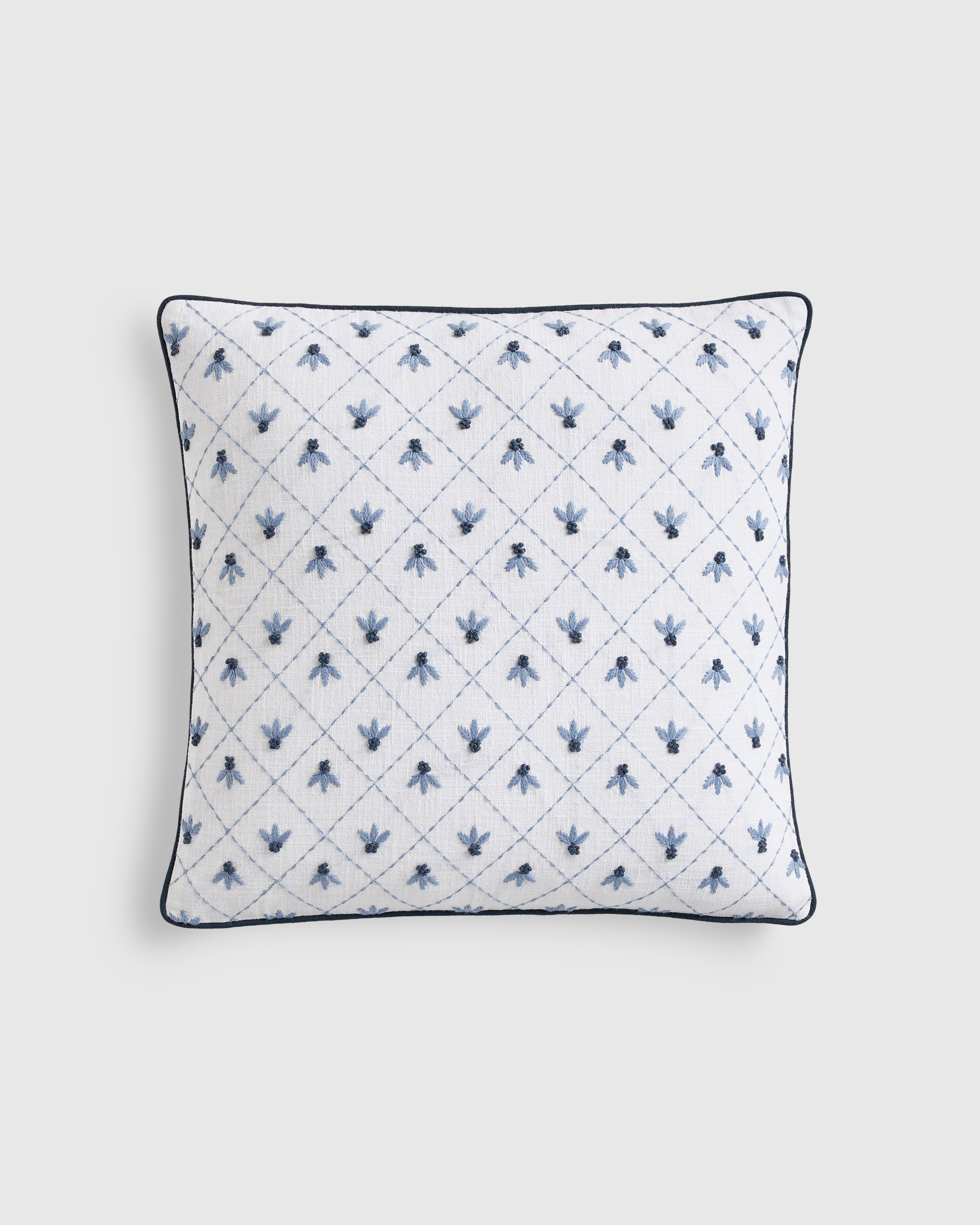 French Blue Embroidered Floral Cotton Pillow Cover