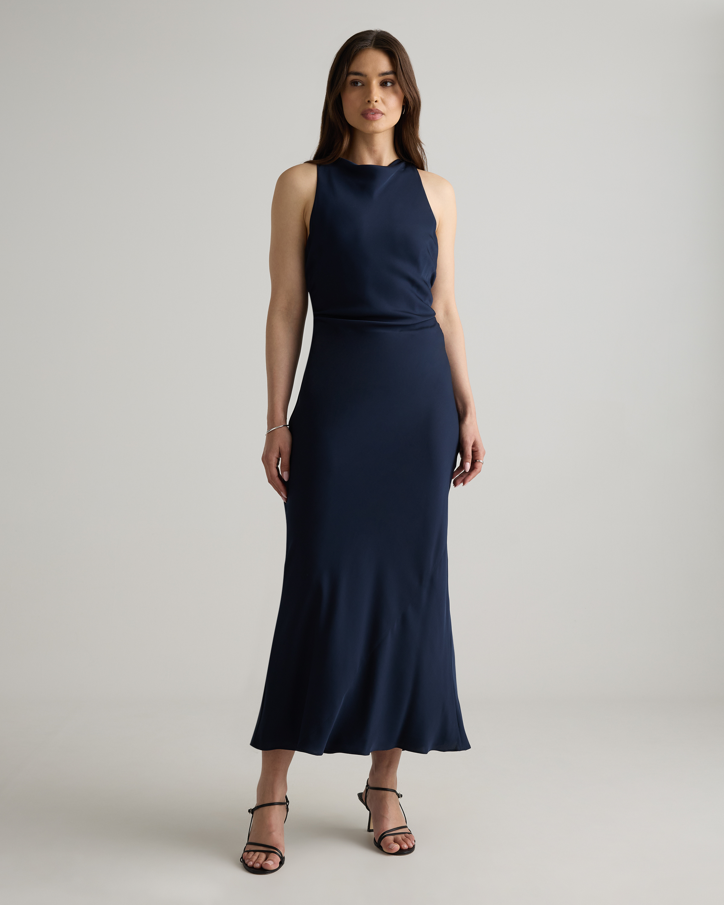 Navy Washable Stretch Silk High Neck Midi Dress