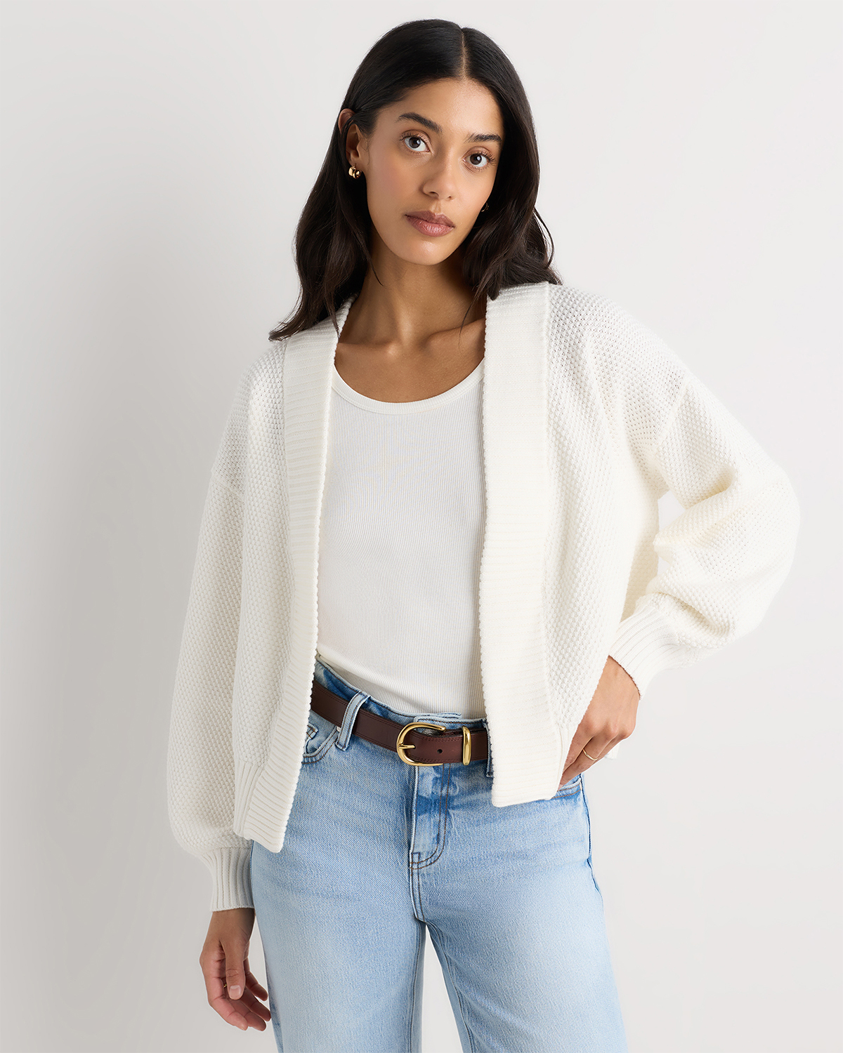 Ivory 100% Organic Cotton Waffle Stitch Open Cardigan