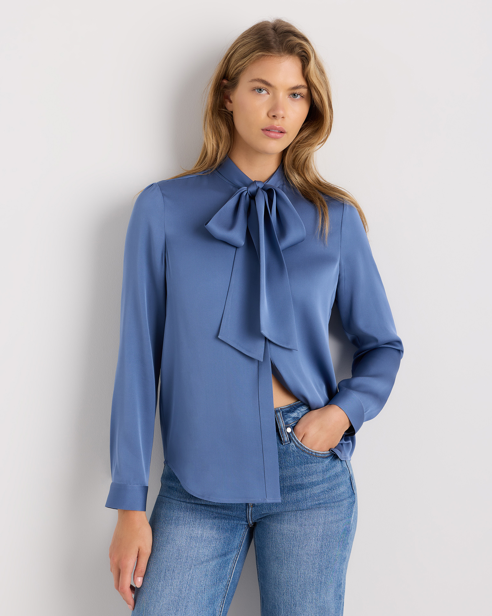 Moonstone Blue Washable Stretch Silk Tie Neck Blouse 