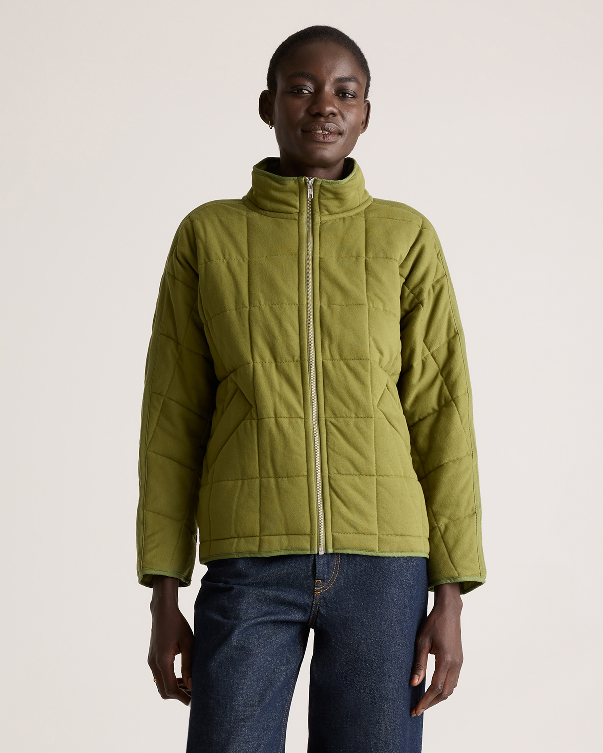 Organic Cotton Quilted Knit Jacket in Olive