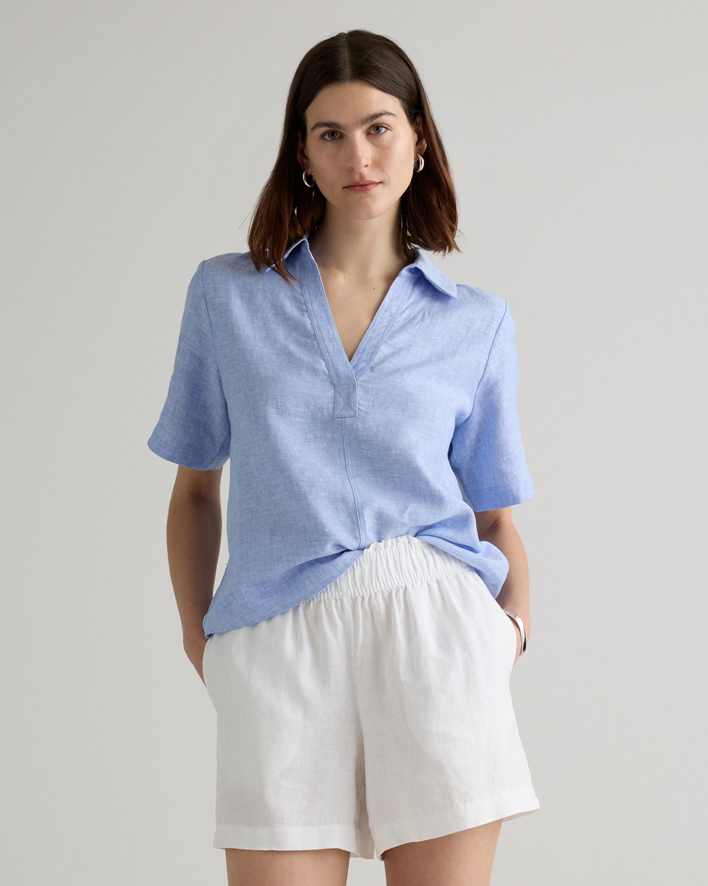 French Blue 100% European Linen Short Sleeve Popover Top