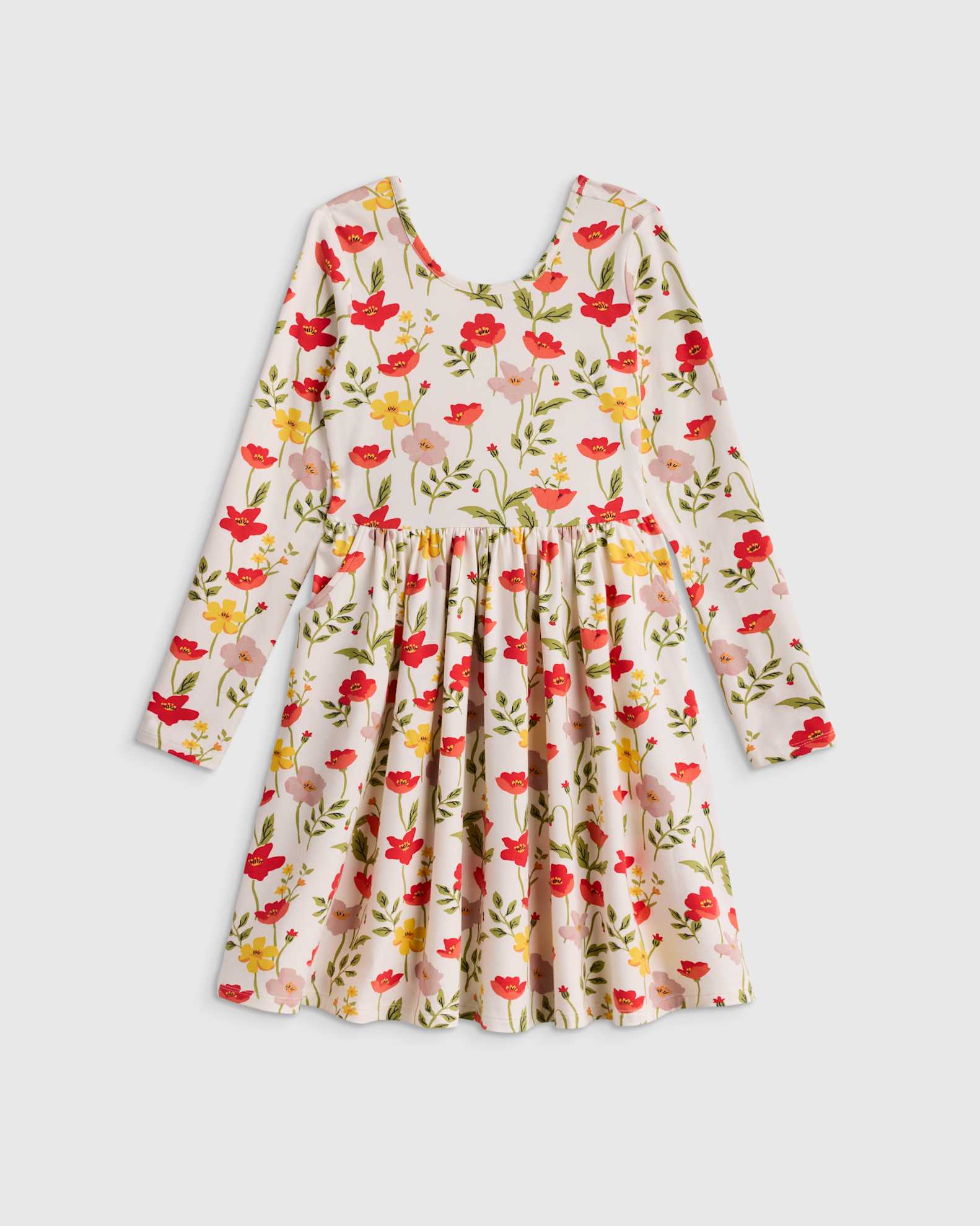 Girl's Organic Cotton Long Sleeve Skater Dress in Red Poppy Garden Girl's Organic Cotton Long Sleeve Skater Dress in Red Poppy Garden