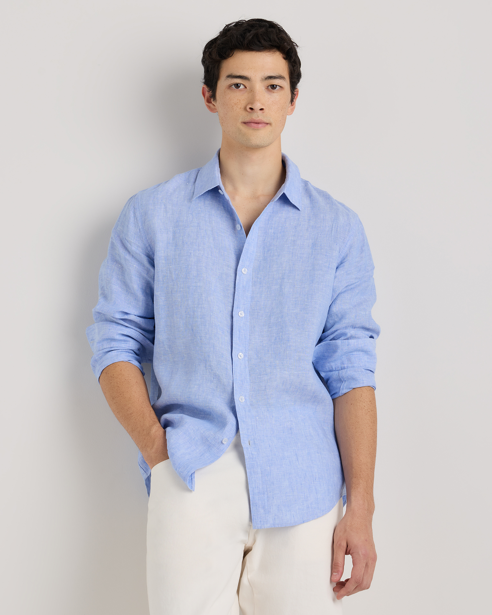 French Blue 100% European Linen Relaxed Long Sleeve Shirt