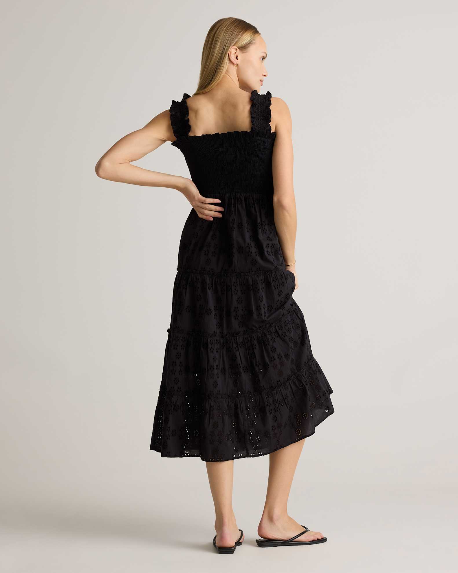 100% Organic Cotton Eyelet Smocked Midi Dress in Black 100% Organic Cotton Eyelet Smocked Midi Dress in Black