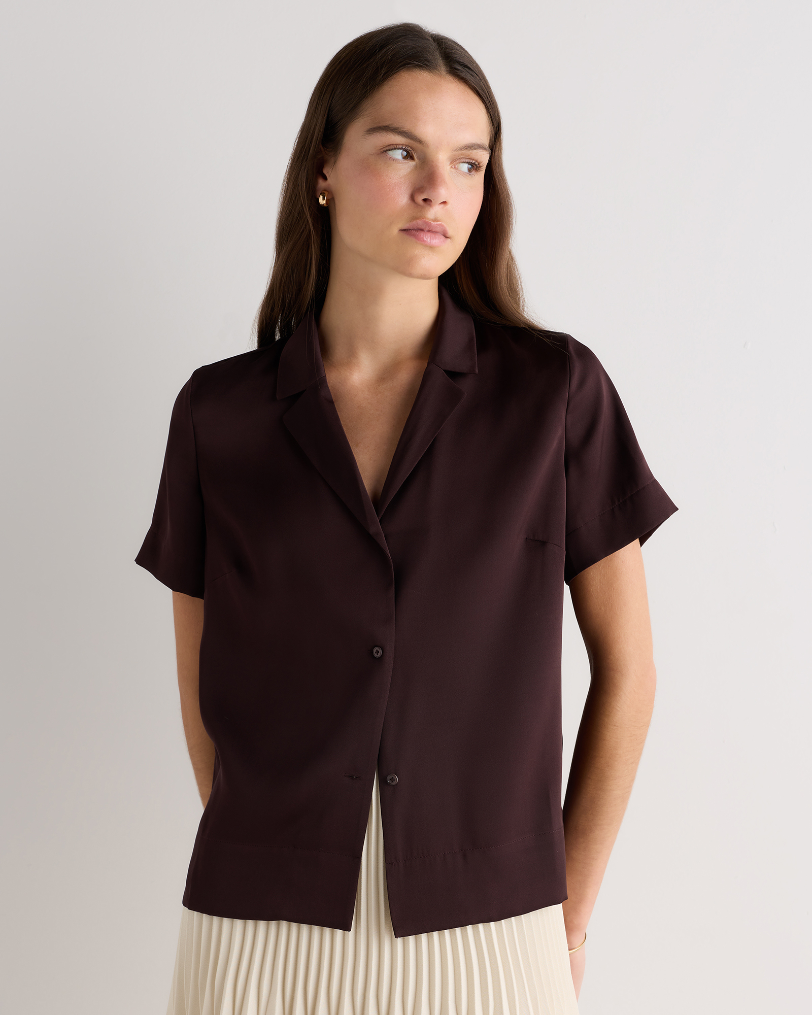 Chocolate Plum Brown Washable Stretch Silk Short Sleeve Notch Collar Blouse