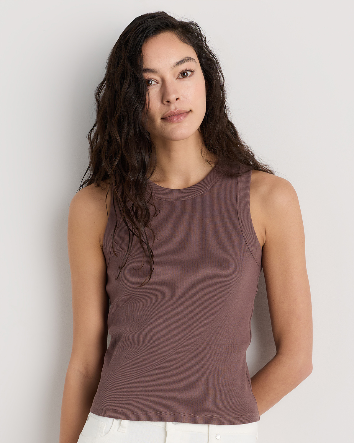 Taupe Brown Organic Cotton Micro-Rib Cropped Cutaway Tank