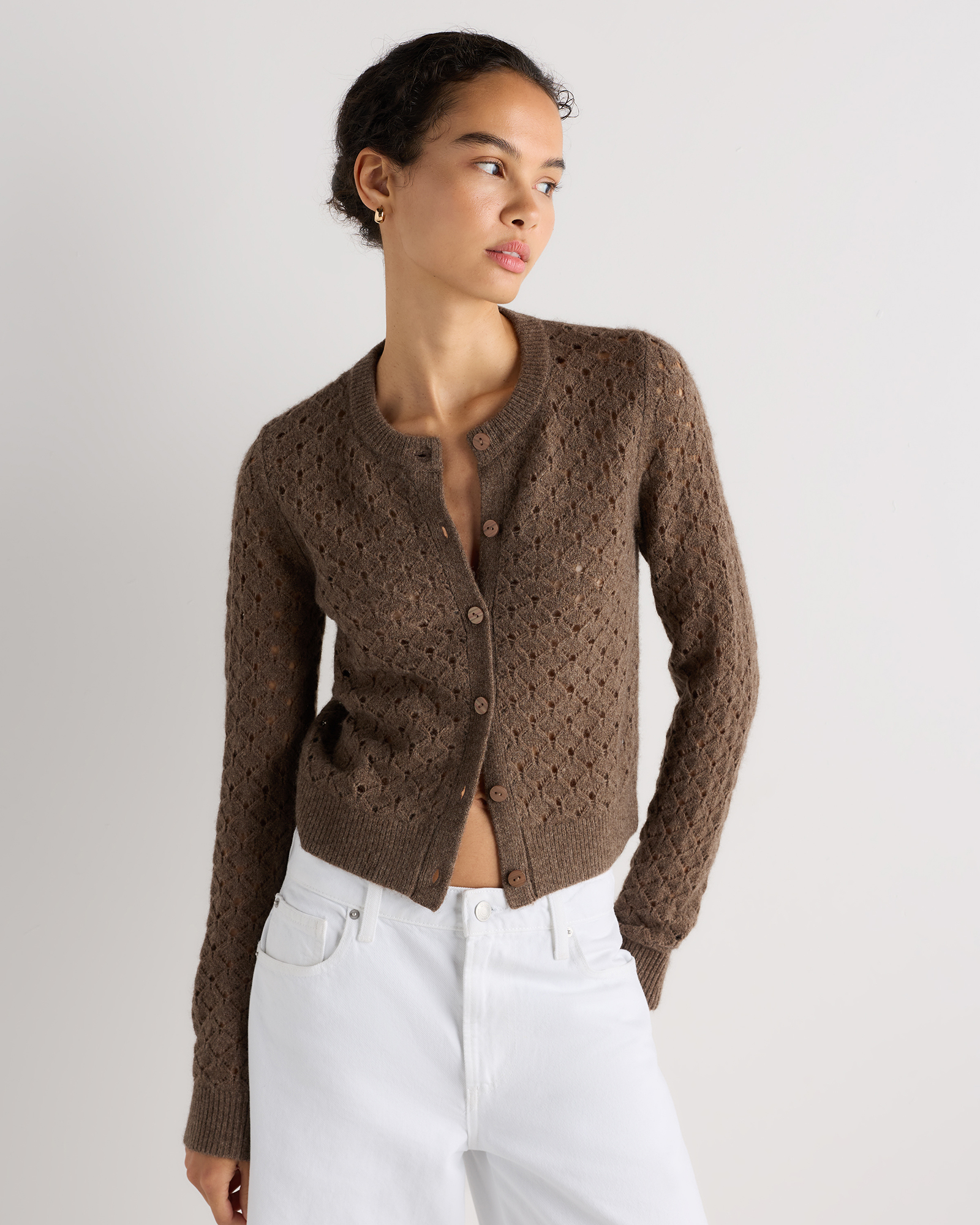 Heather Brown 100% Yak Wool Pointelle Detail Cardigan